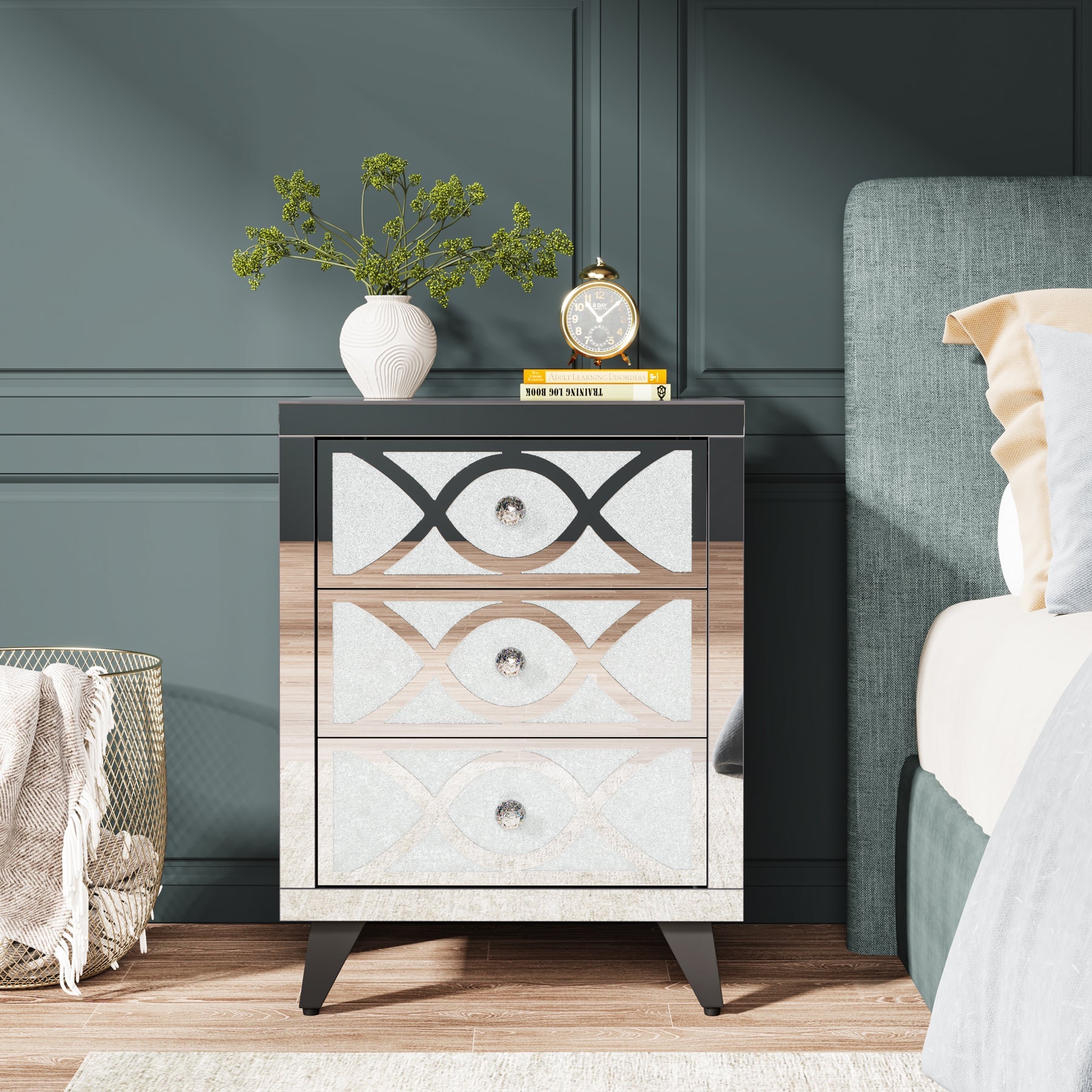 Mirrored Nightstand with 3 Drawers, Modern Bedside Table for Bedroom