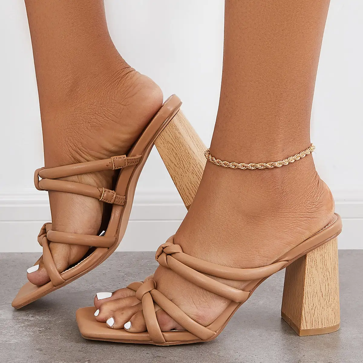 Square Toe Chunky High Heeled Mules Slip on Backless Sandals