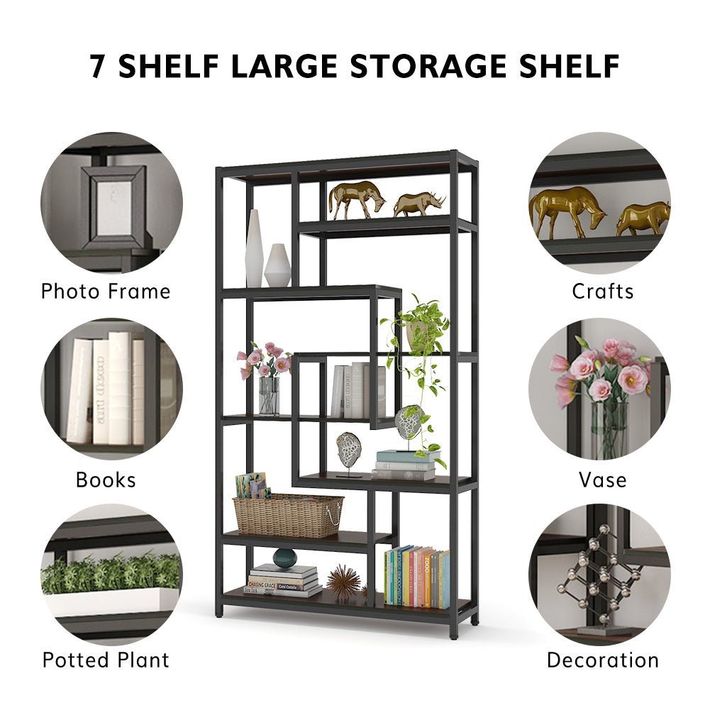 8-Shelf Staggered Bookshelf,  Industrial Etagere Bookcase