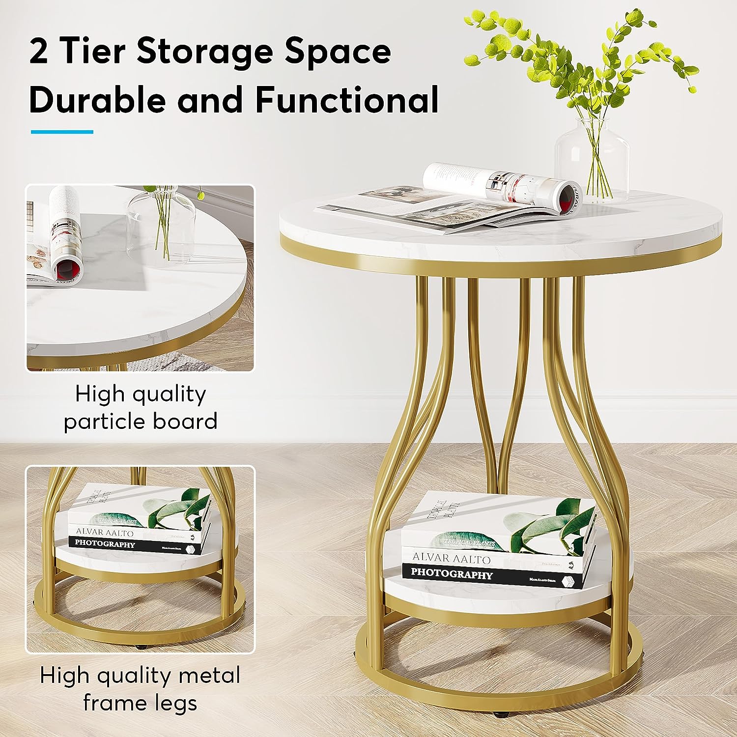 2-Tier End Table, Round Sofa Side Table with Metal Frame