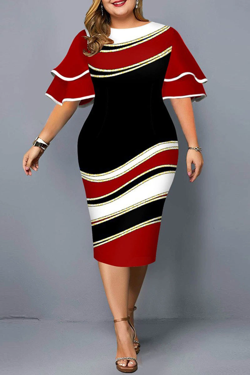 Plus Size Ruffle Sleeve Print Bodycon Midi Dress