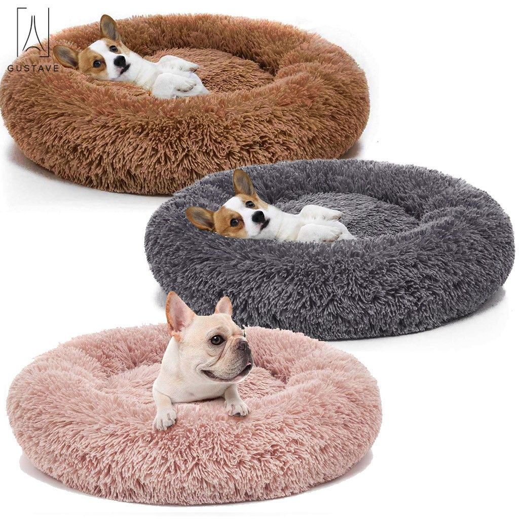 Gustave Calming Dog Beds， Self-Warming Round Pet Bed Cushion， Luxurious Faux Fur Donut Cuddler Soft Plush Comfortable for Sleeping 