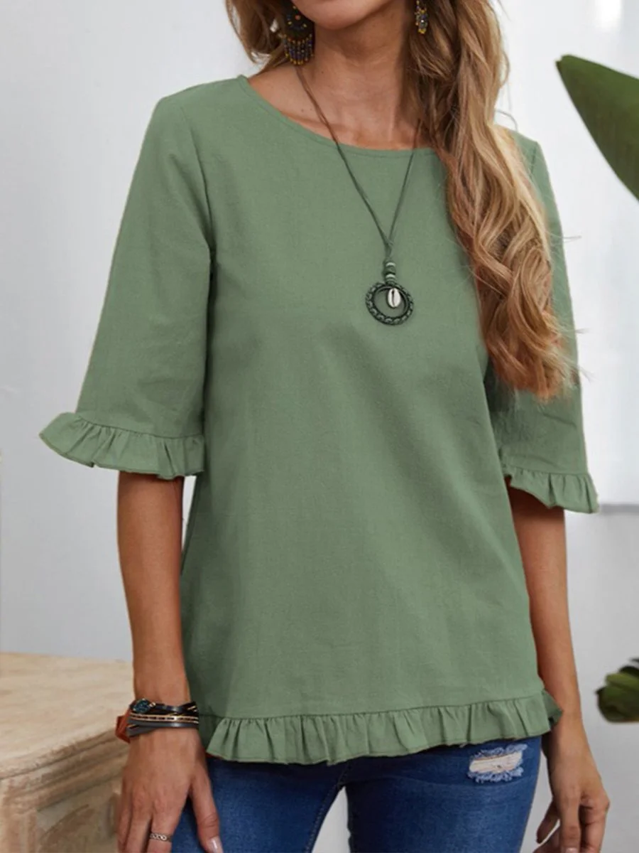 Women's Solid Color Pleated Cuff Sleeves Cotton Linen Top