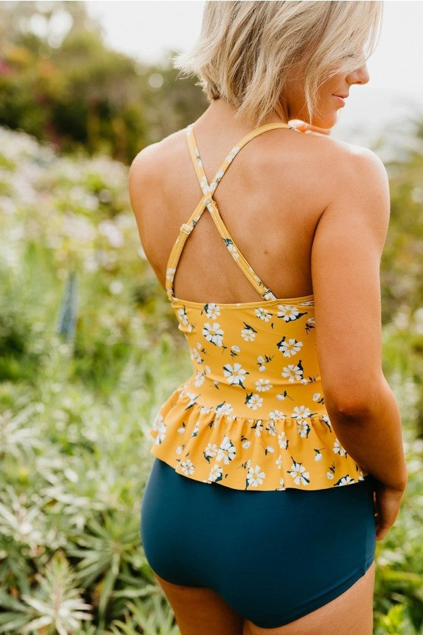 PEPLUM TANKINI SWIM IN MUSTARD DAISY