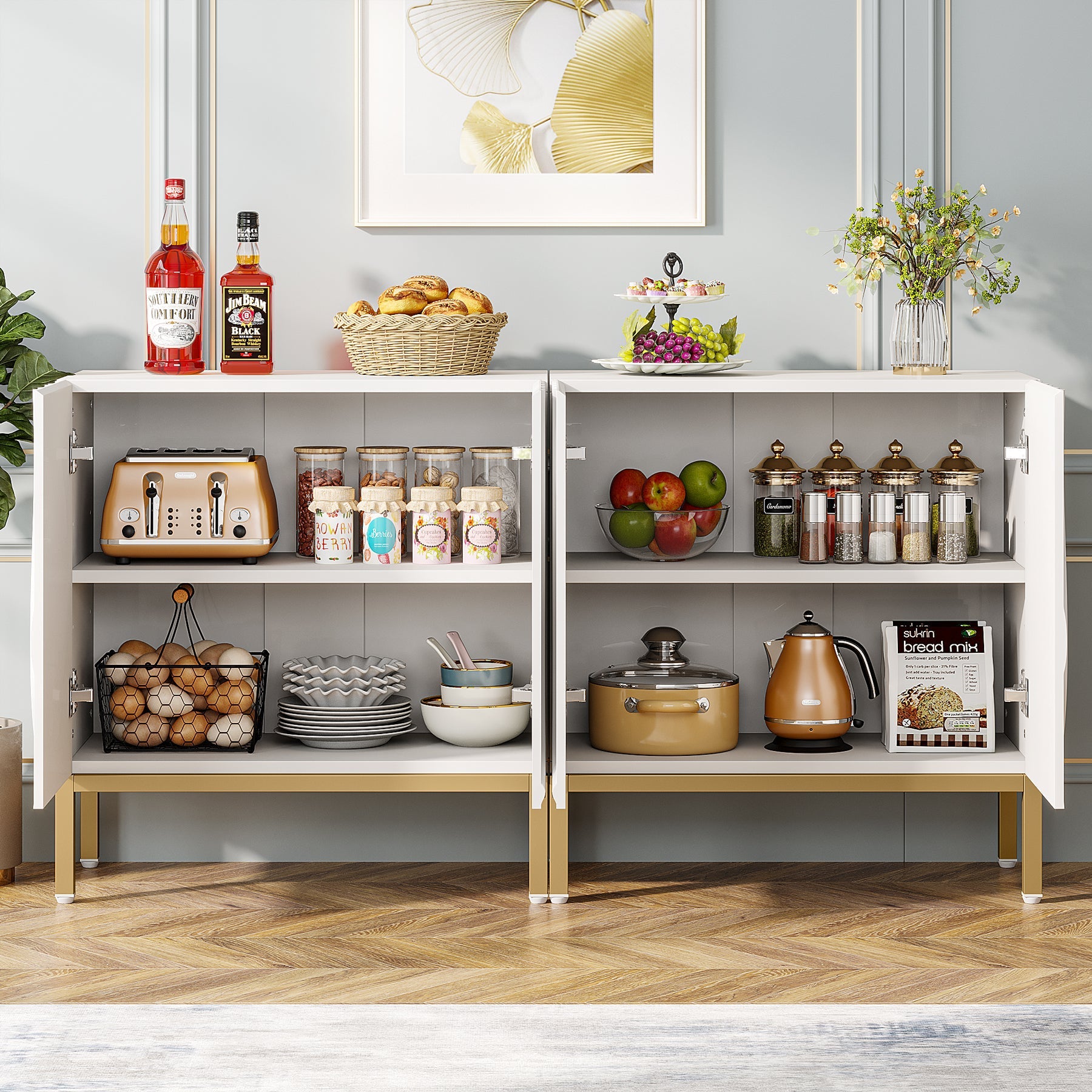 Modern Sideboard Buffet, Storage Credenza Cabinet with 4 Doors