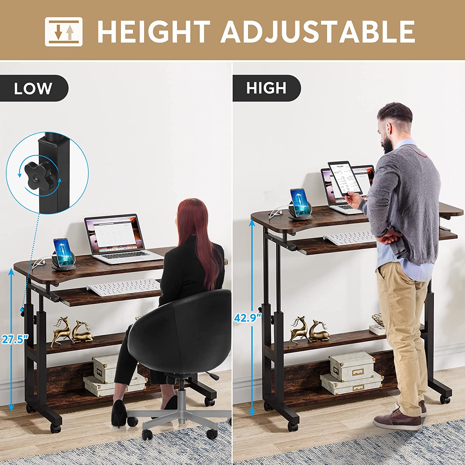 Height Adjustable Desk, Mobile Portable Desk with Wireless Charging Station