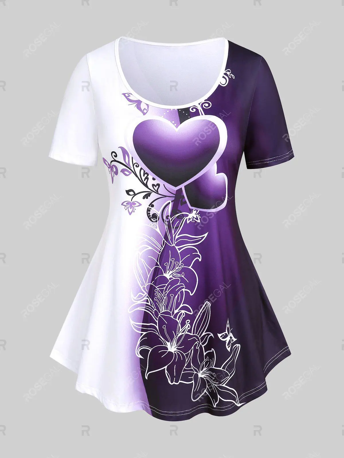 Heart Floral Print Colorblock Tee and Capri Leggings Plus Size Summer Outfit
