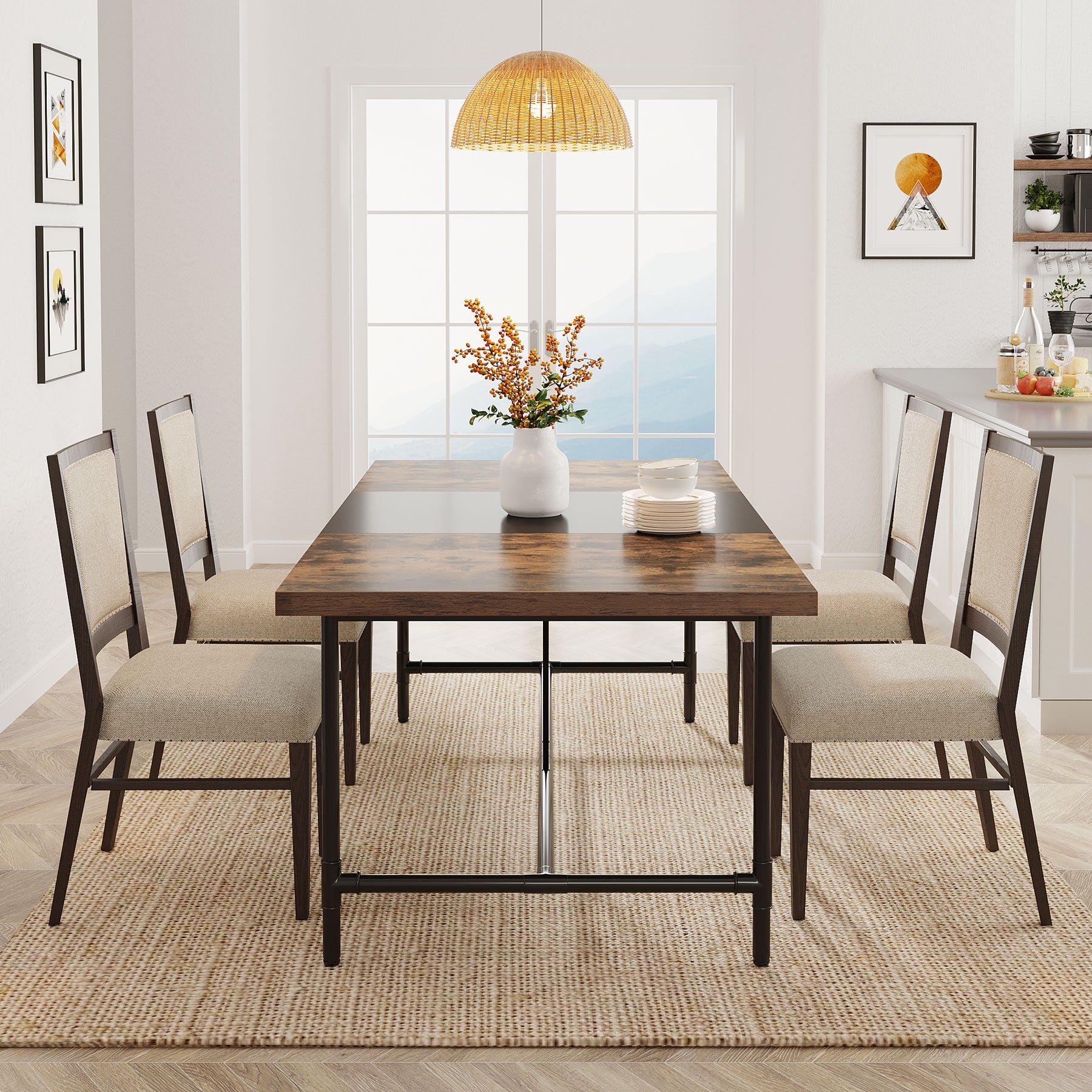 Rectangle Dining Table, Industrial Breakfast Dinner Table for 6-8 people