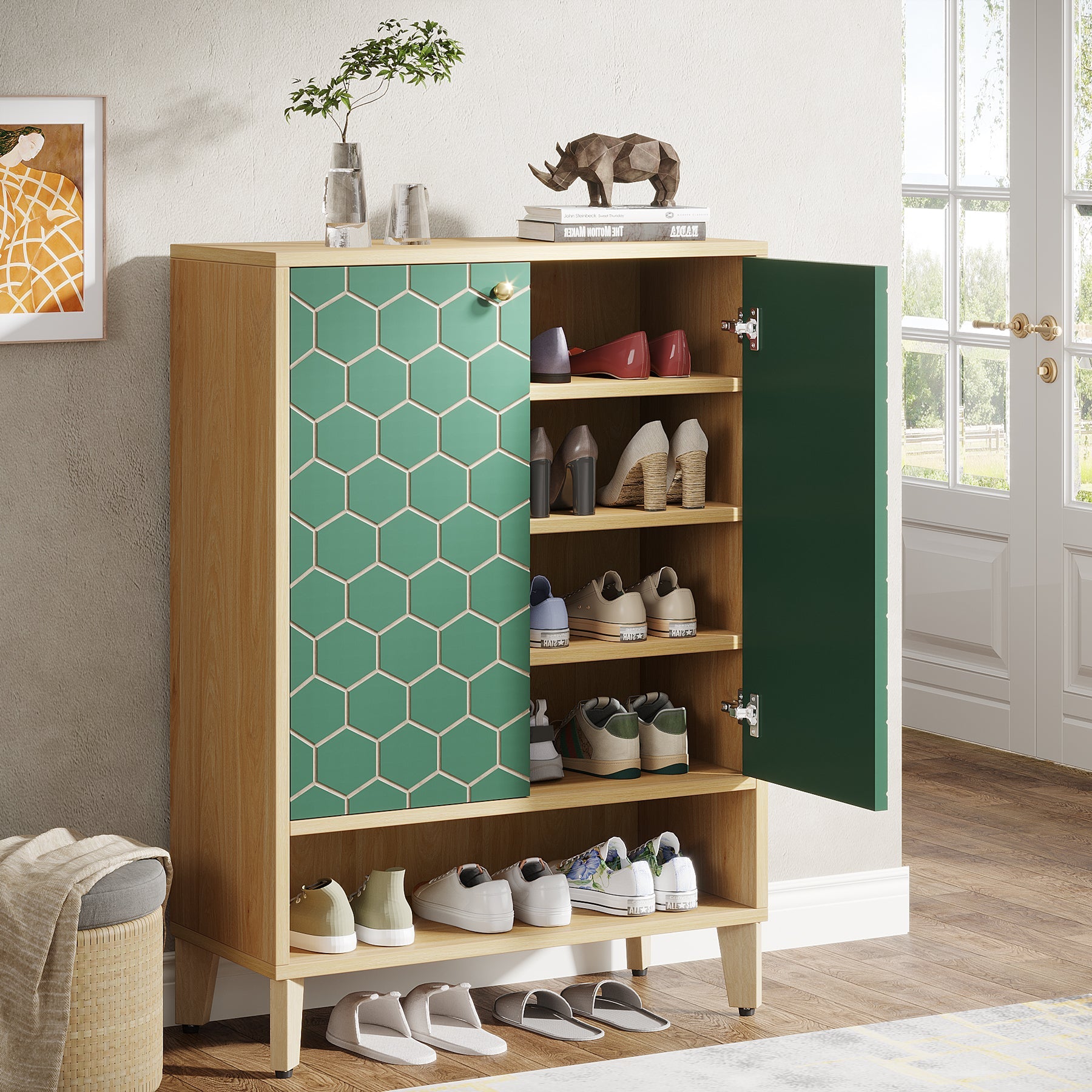 2-Door Shoe Cabinet with Solid Wood Legs & Adjustable Shelves