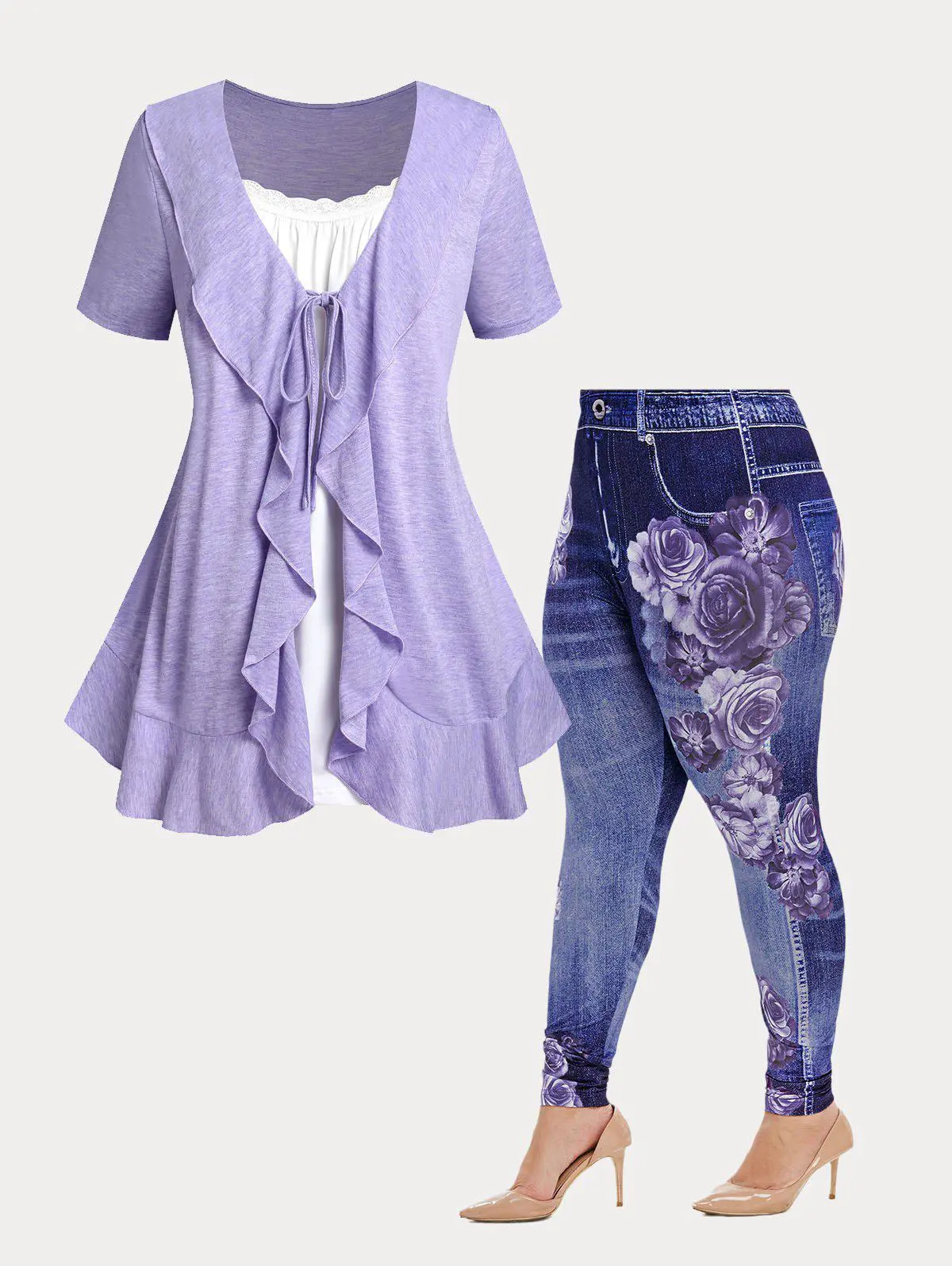 Lavender Ruffled 2 in 1 Tee and Floral Print 3D Jeggings Plus Size Summer Outfit