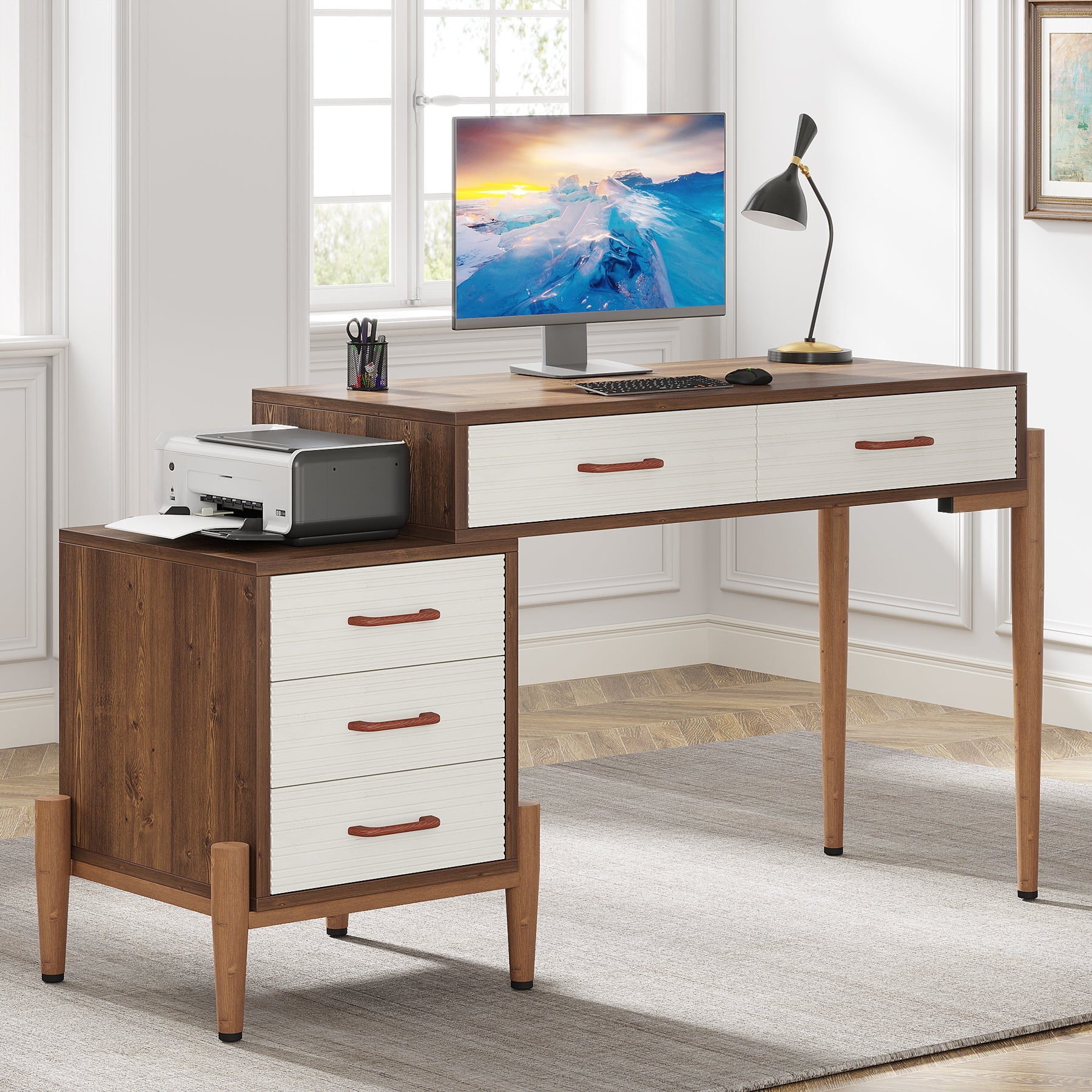 Modern Computer Desk, Home Office Desk with 5 Drawers File Cabinet