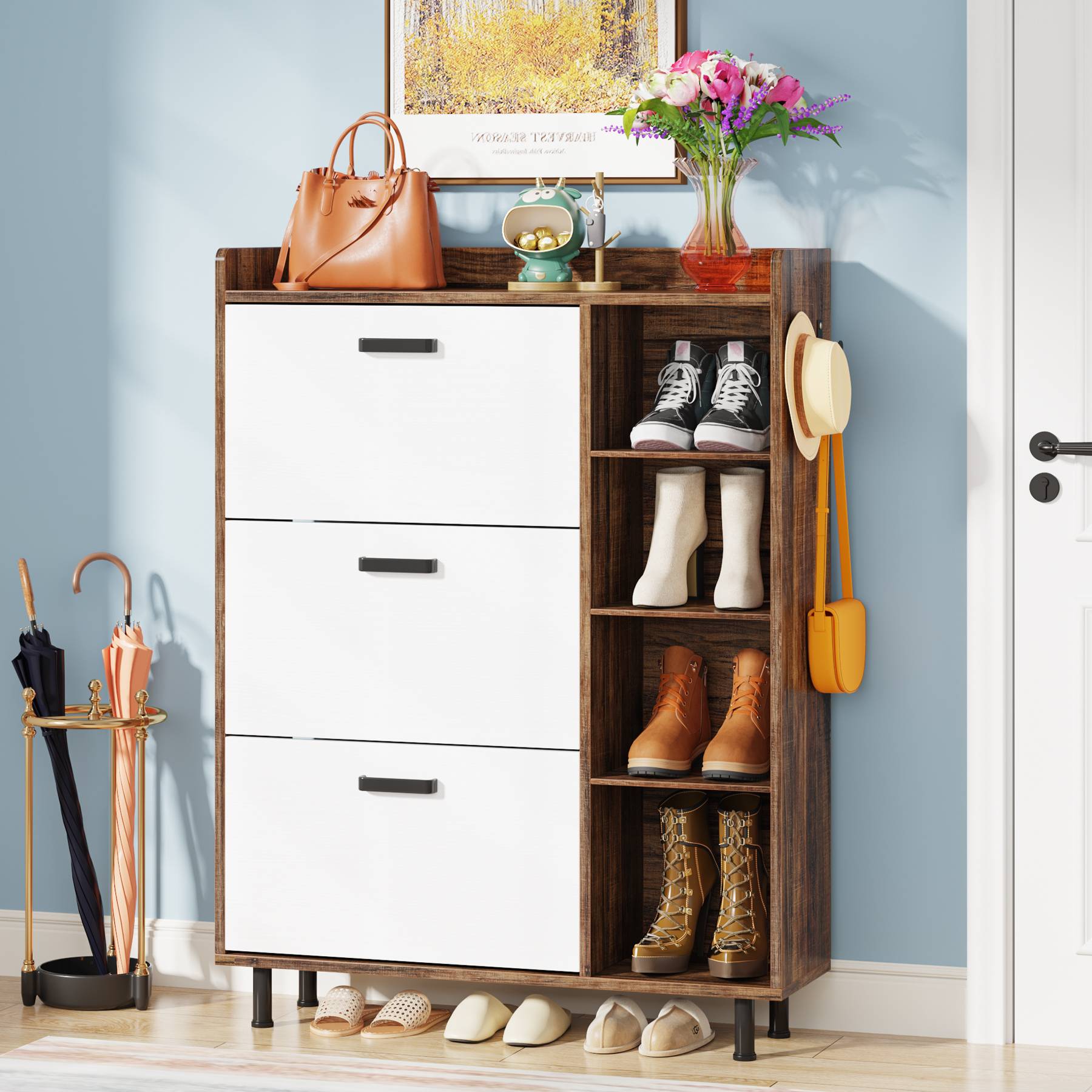 Wooden Shoe Cabinet, Freestanding Shoe Rack with 3 Flip Drawers & 5 shelves