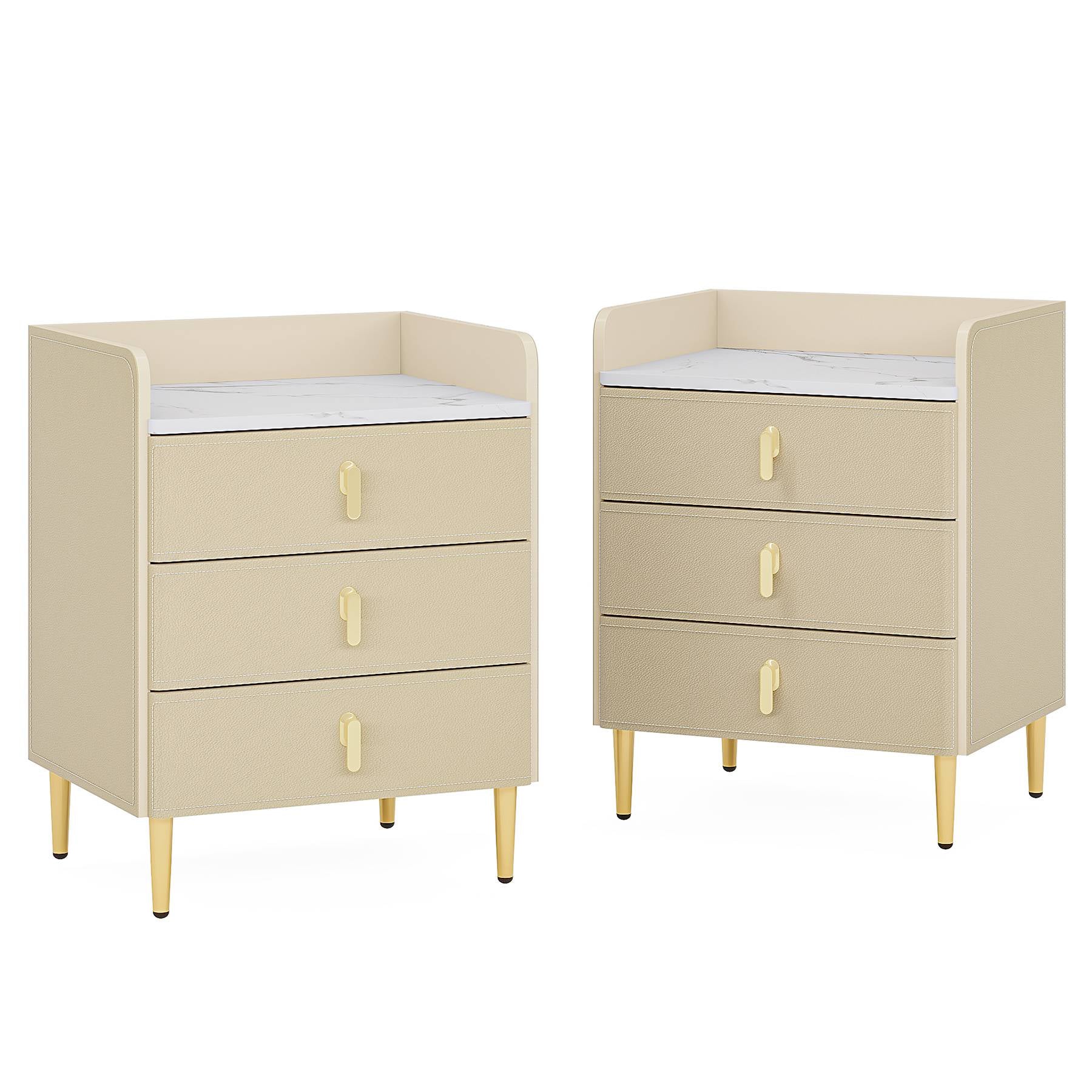 Nightstand with 3 Drawers, Modern Beside Table with Faux Marble Top