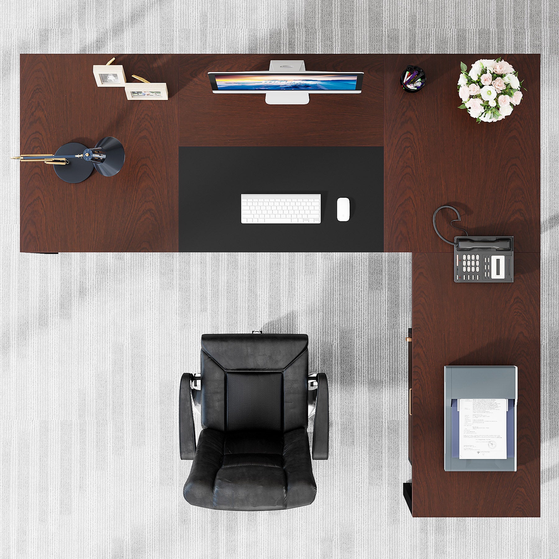 70.8” L-Shaped Desk, Large Executive Desk with Mobile File Cabinet