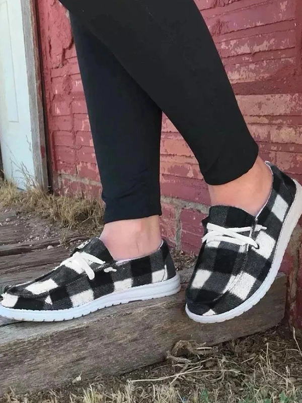 Vintage Plaid Lace Up Flat Sneakers