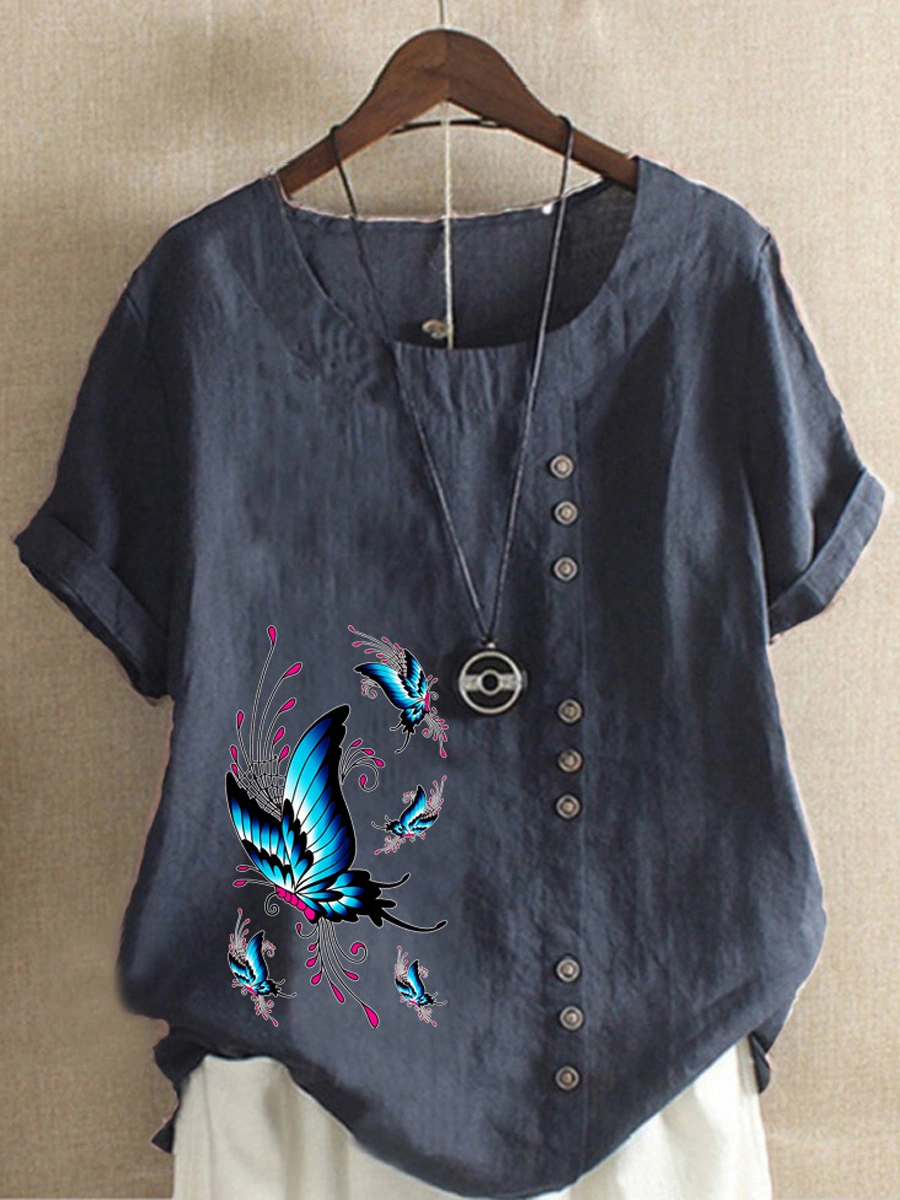 Loose Casual Butterfly Print Crew Neck Short Sleeve Blouse