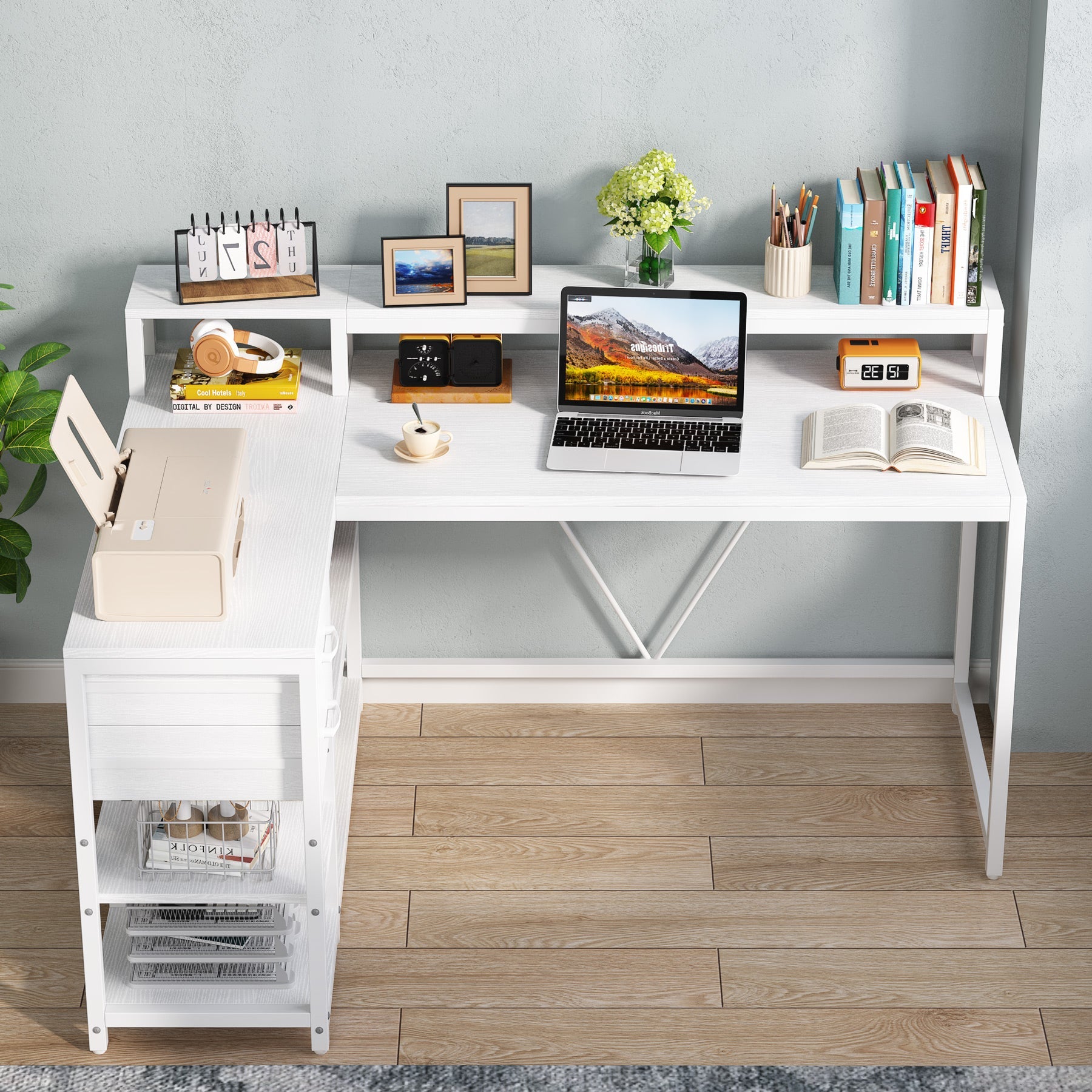 Reversible L-Shaped Desk, Industrial Corner Desk with Drawer & Shelves