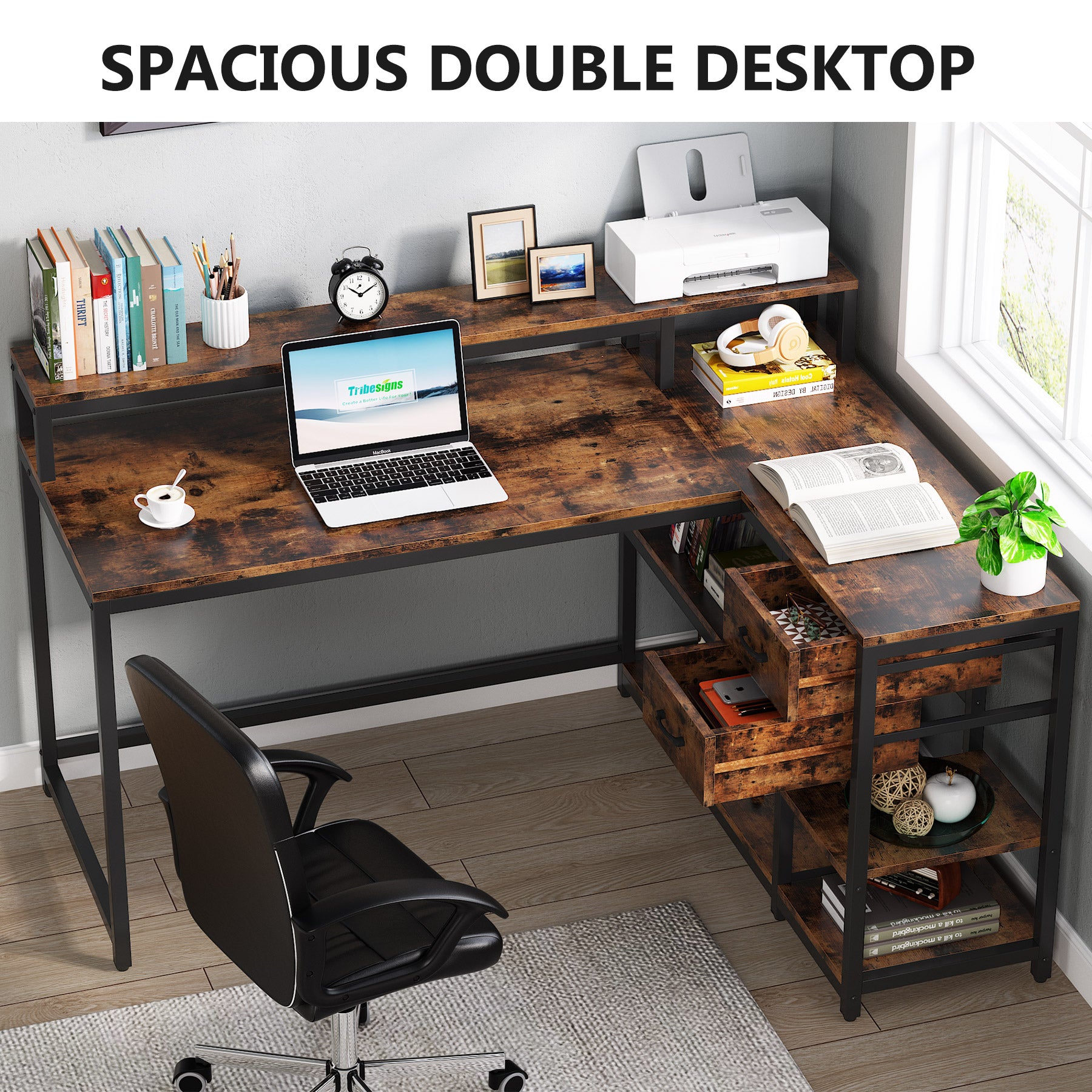 Reversible L-Shaped Desk, Industrial Corner Desk with Drawer & Shelves