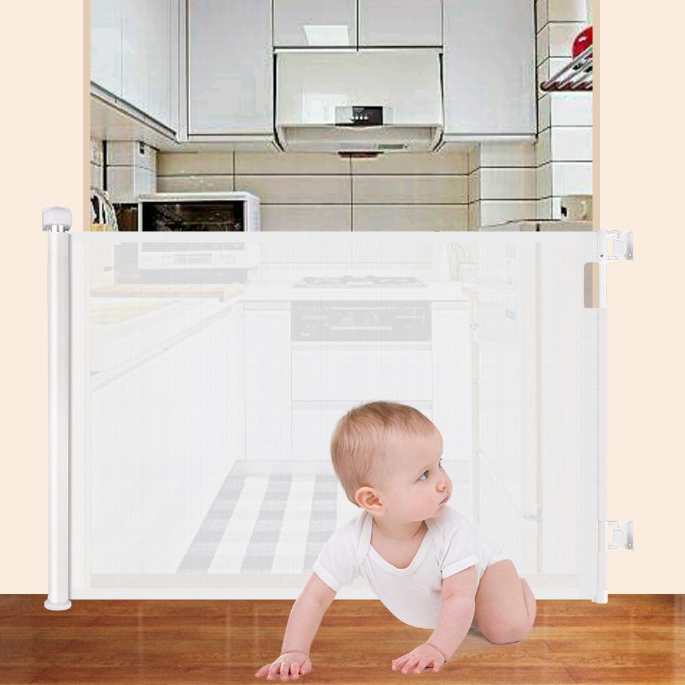 Retractable Dog Gate Baby Gates for Stairs， JoyHi Extra Wide Safety Child or Pets Gates， 33” Tall， Extends to 55” Wide， Mesh Cat Puppy Gate for The House Indoor/Outdoor， Doorways， Hallways (White)