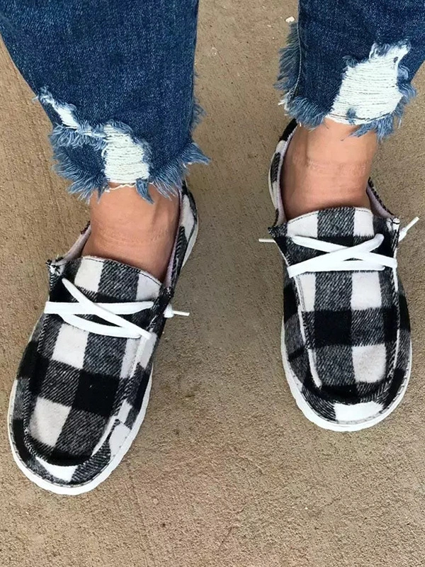 Vintage Plaid Lace Up Flat Sneakers