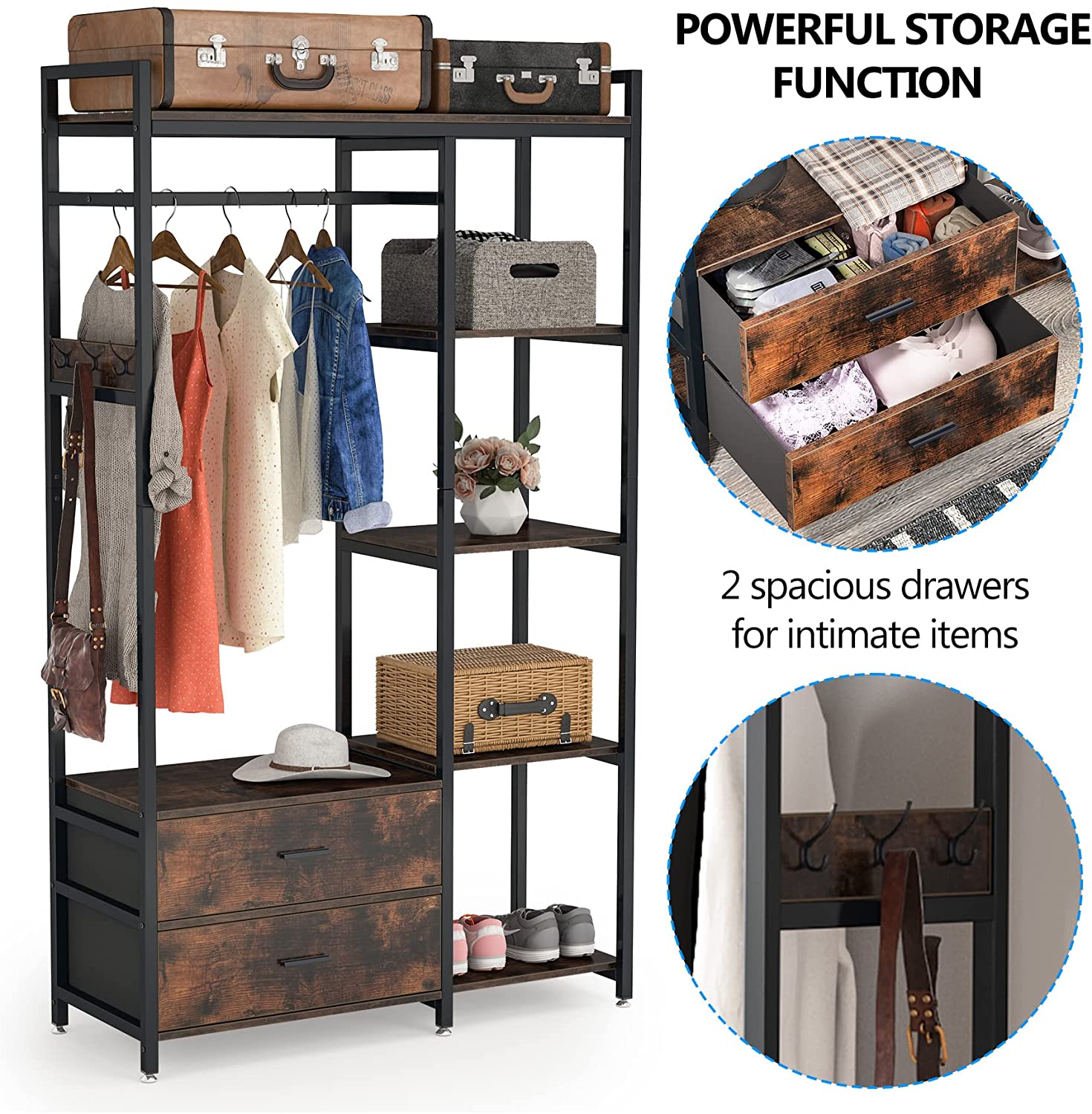 Freestanding Closet Organizer, Garment Rack with 2 Fabric Drawers