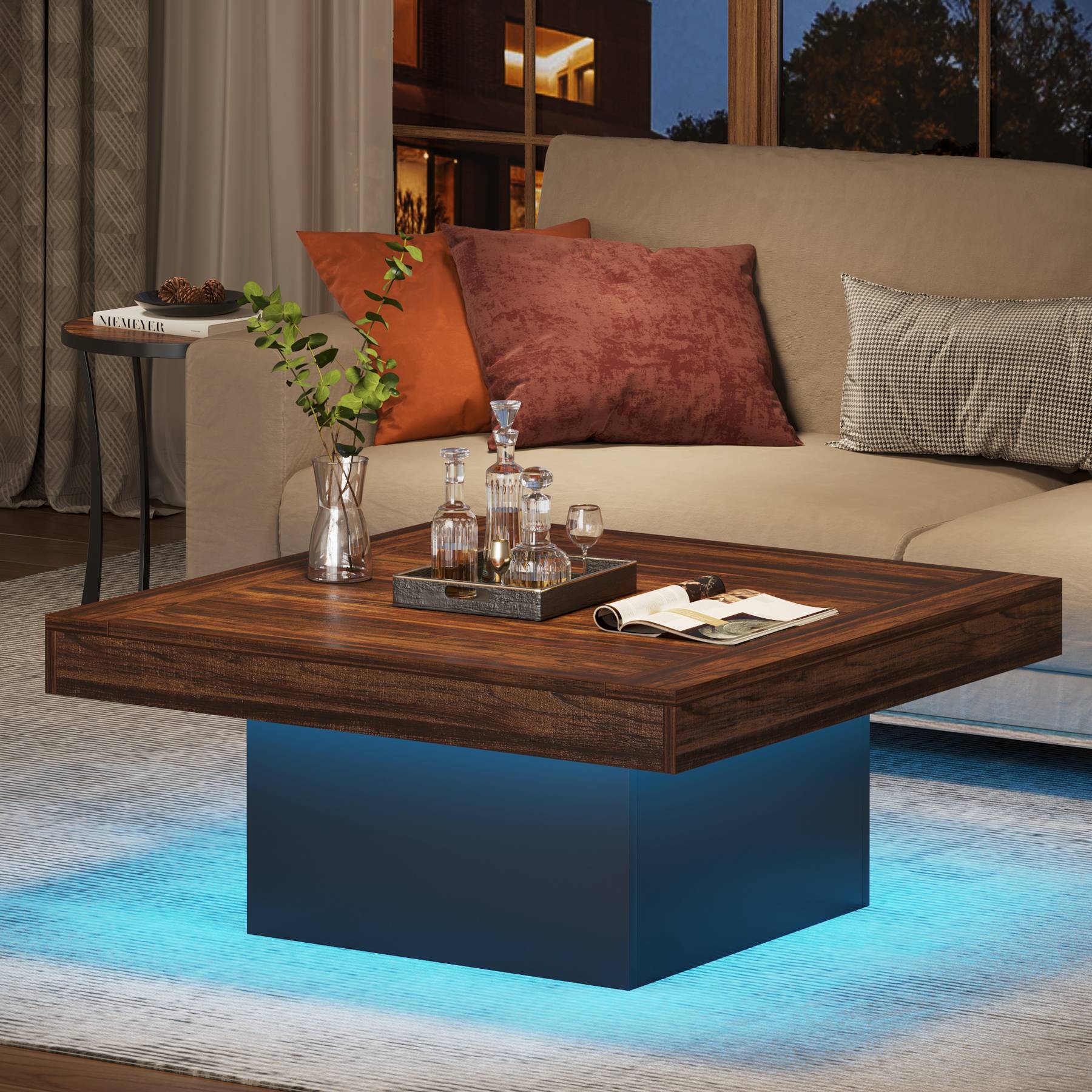 Square Coffee Table, Farmhouse Wood Cocktail Table with LED Light