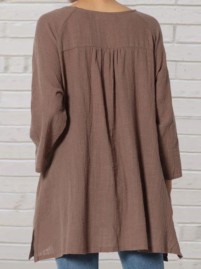 Women's Cotton Linen Round Neck Pocket Design Solid Color Shirt