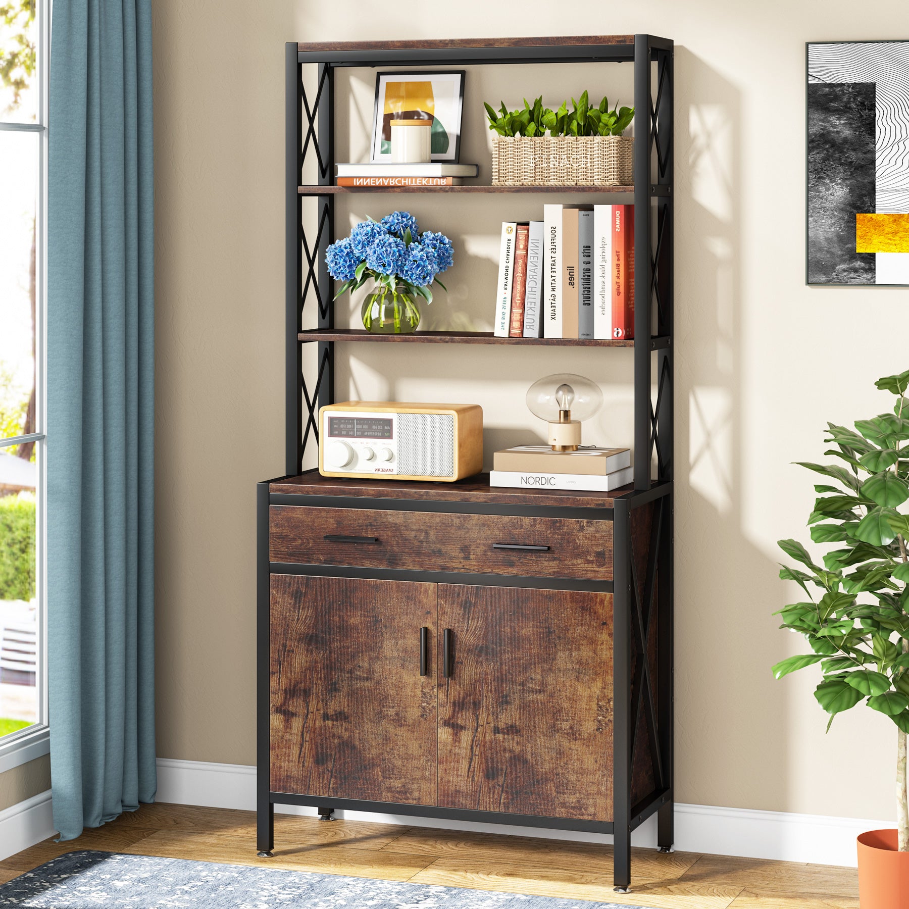 Industrial Bookshelf, 4-Tier Etagere Bookcase with Drawer & Cabinet