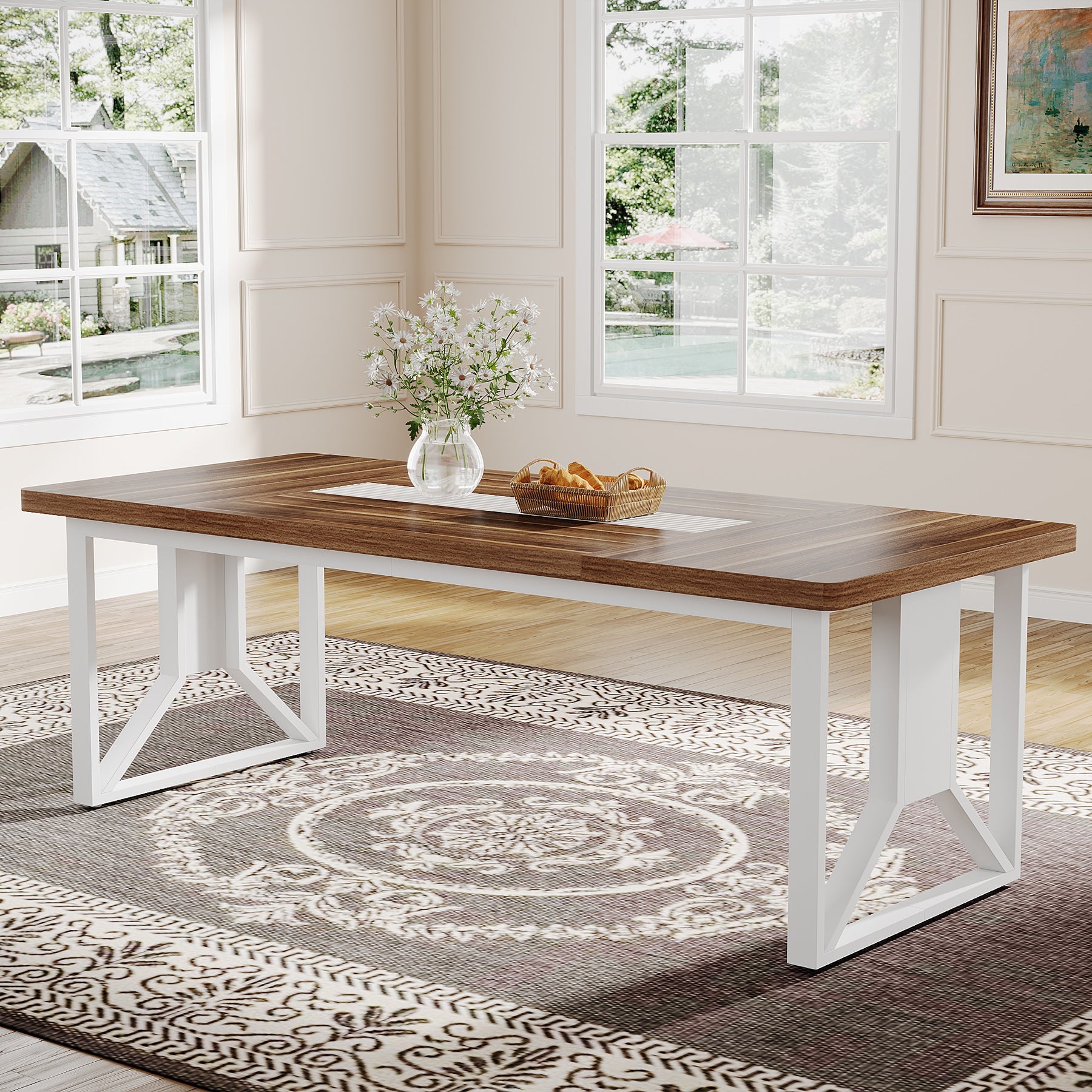 Wood Dining Table, 74.8-Inch Farmhouse Kitchen Table for 6-8 People