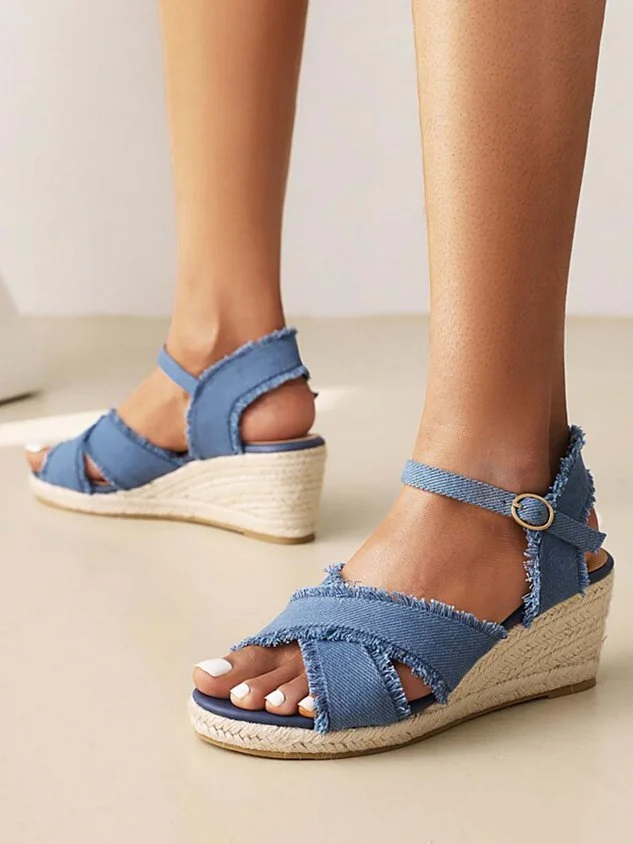Canvas Braided Strap Cross Boho Straw Wedge Sandals