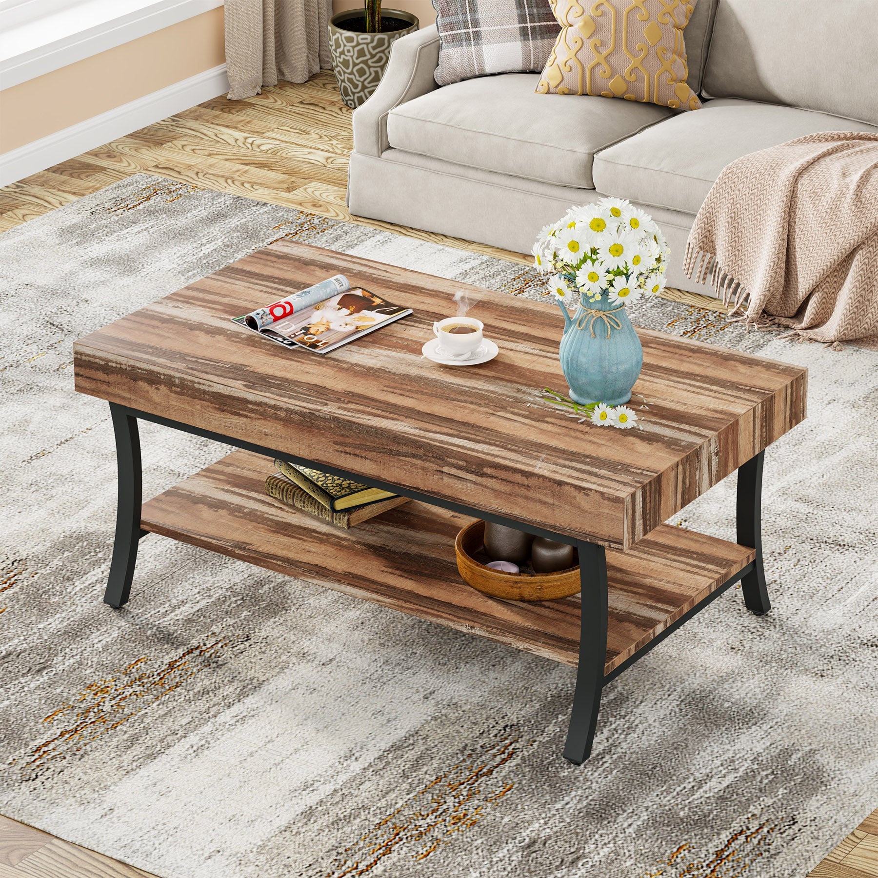 2-Tier Coffee Table,Wood Industrial Center Table with Storage Shelf