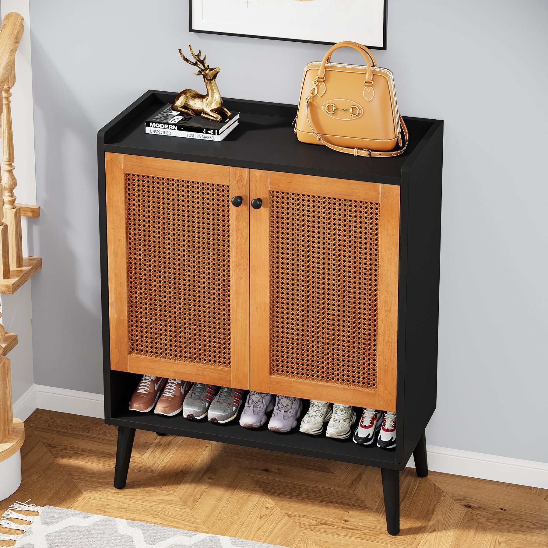 Rattan Shoe Cabinet Shoe Rack Organizer with Removable Shelves