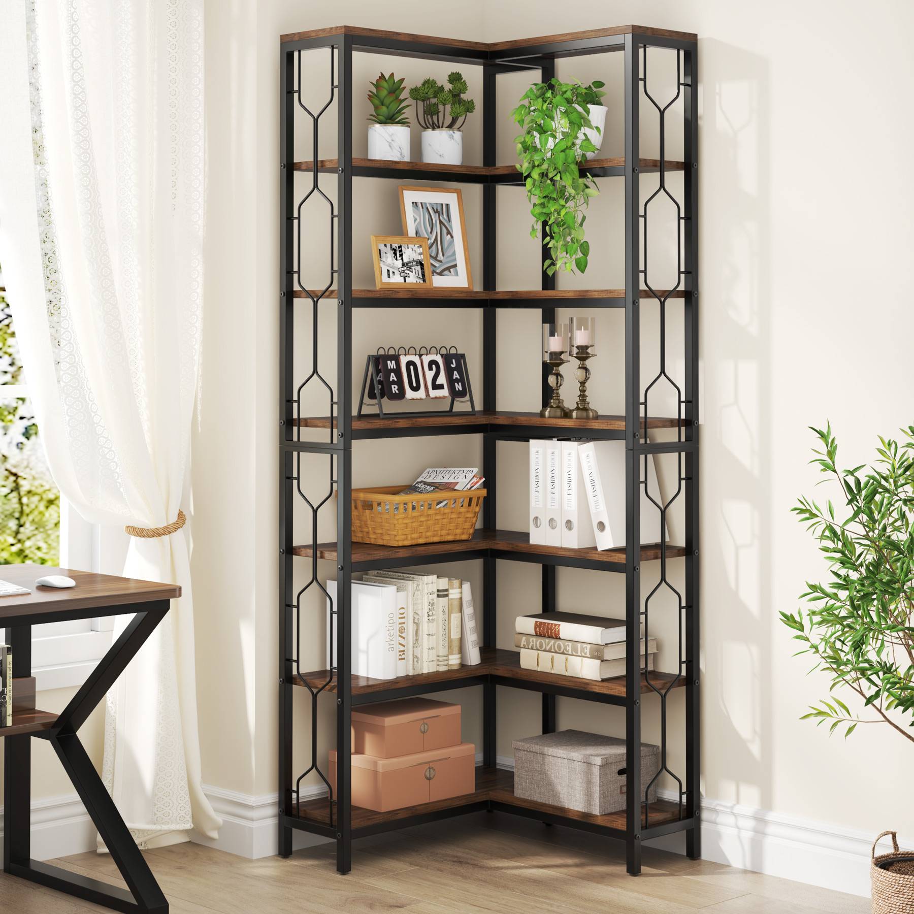 7-Tier Corner Bookshelf, Industrial Corner Etagere Bookcase