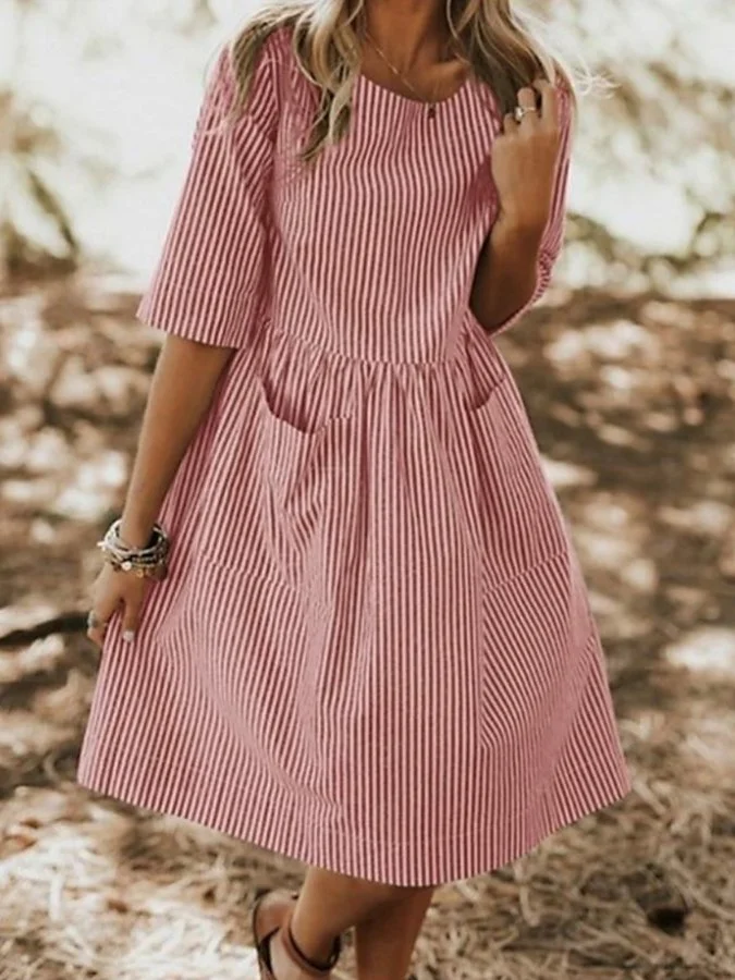 Women's Fashion Casual Cotton Linen Striped Pocket Loose Round Neck Dress