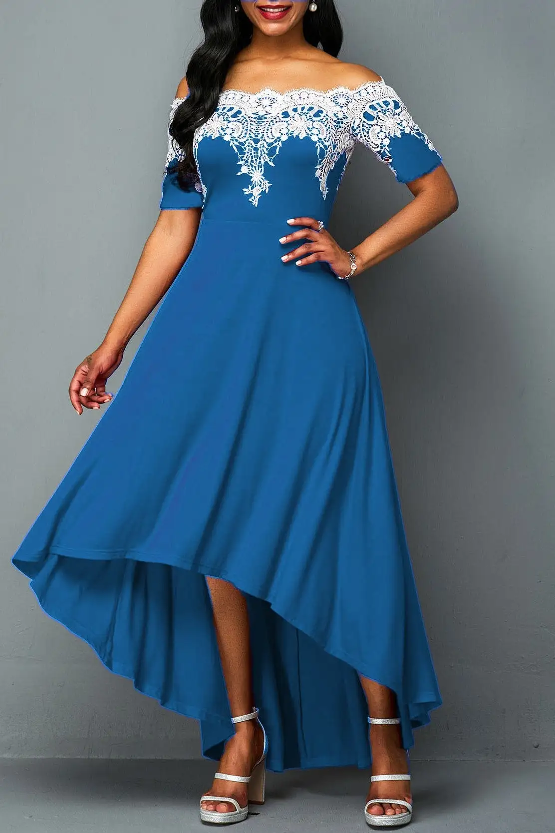 Flycurvy Plus Size One-shoulder Lace stitching Lace Dress