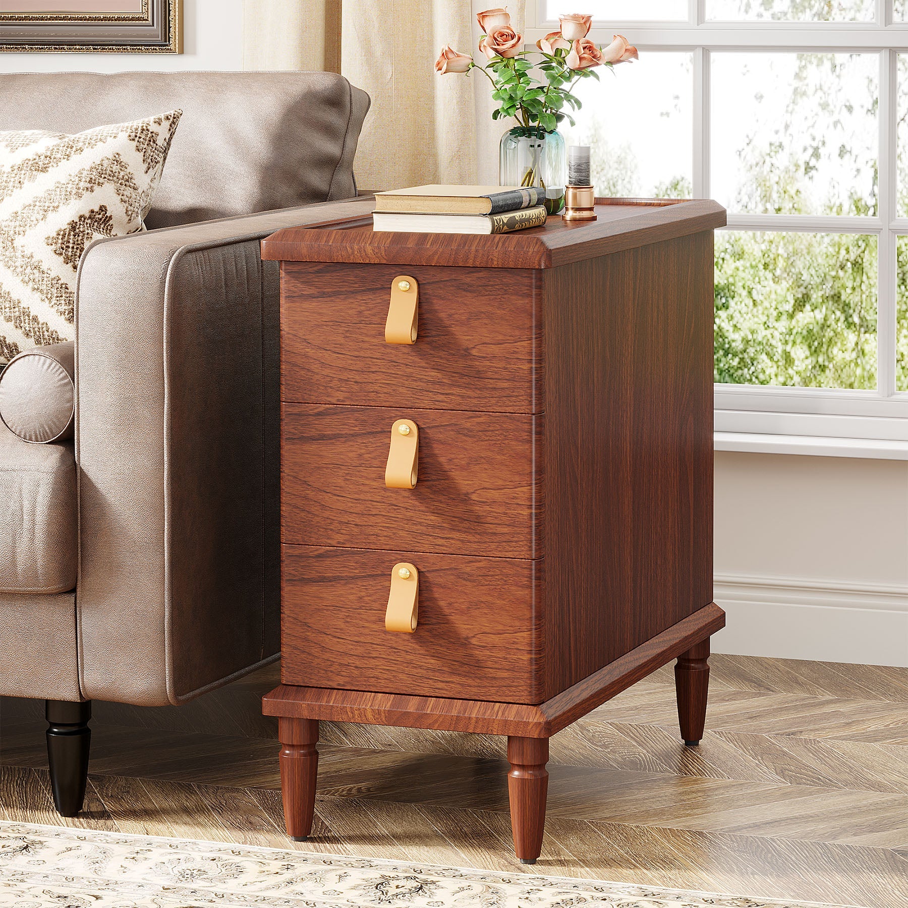 Wood End Table, Classic Nightstand with 3 Wooden Drawers