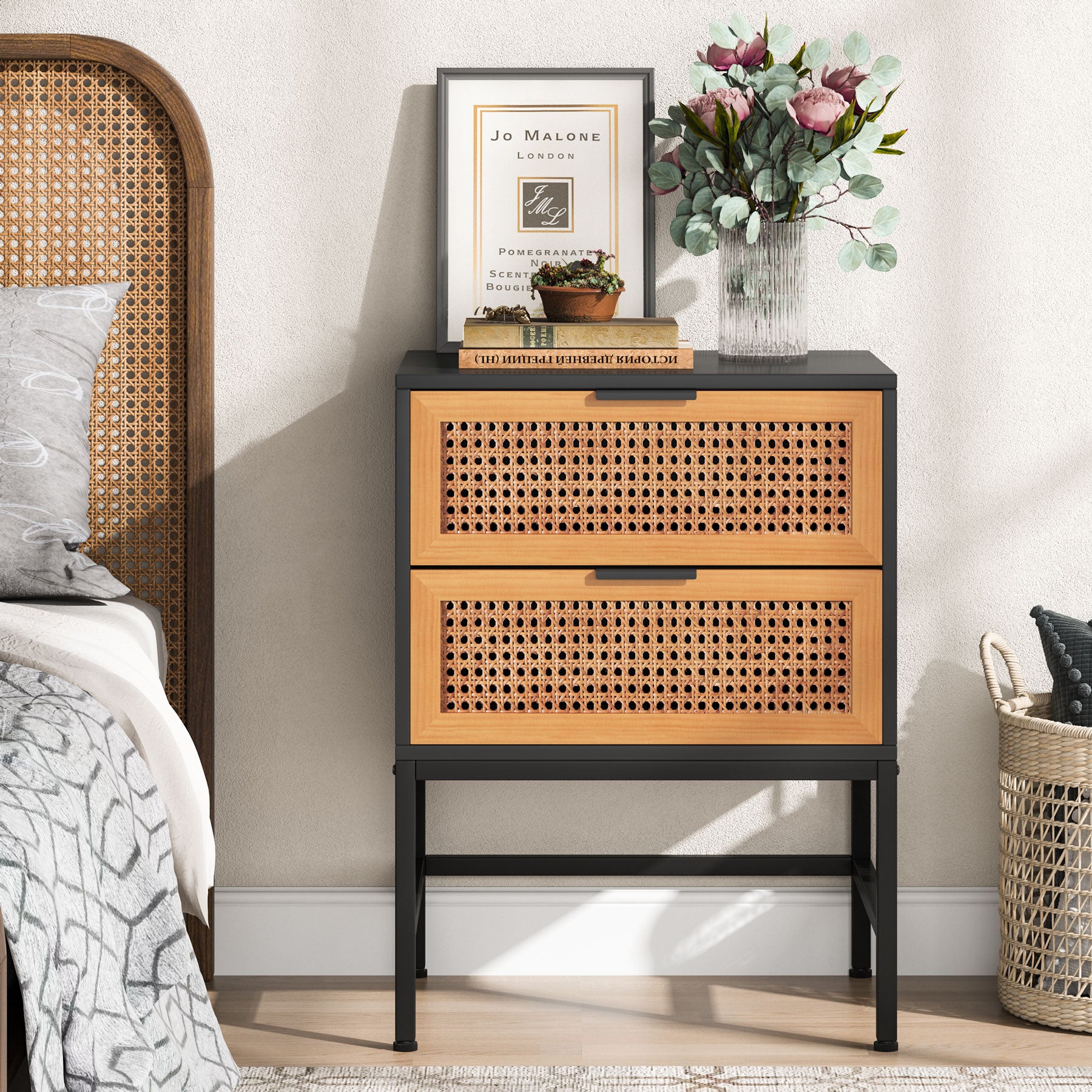 Rattan Nightstand, Bedside Table with Handmade Vine Drawers