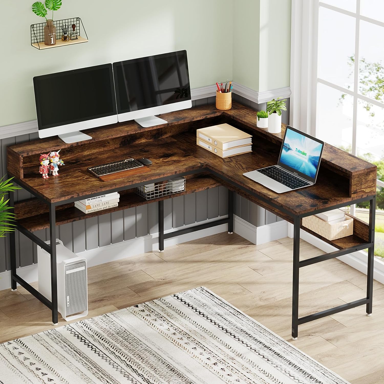 Rustic L-Shaped Desk, Corner Computer Desk with Monitor Stand & Storage Shelf