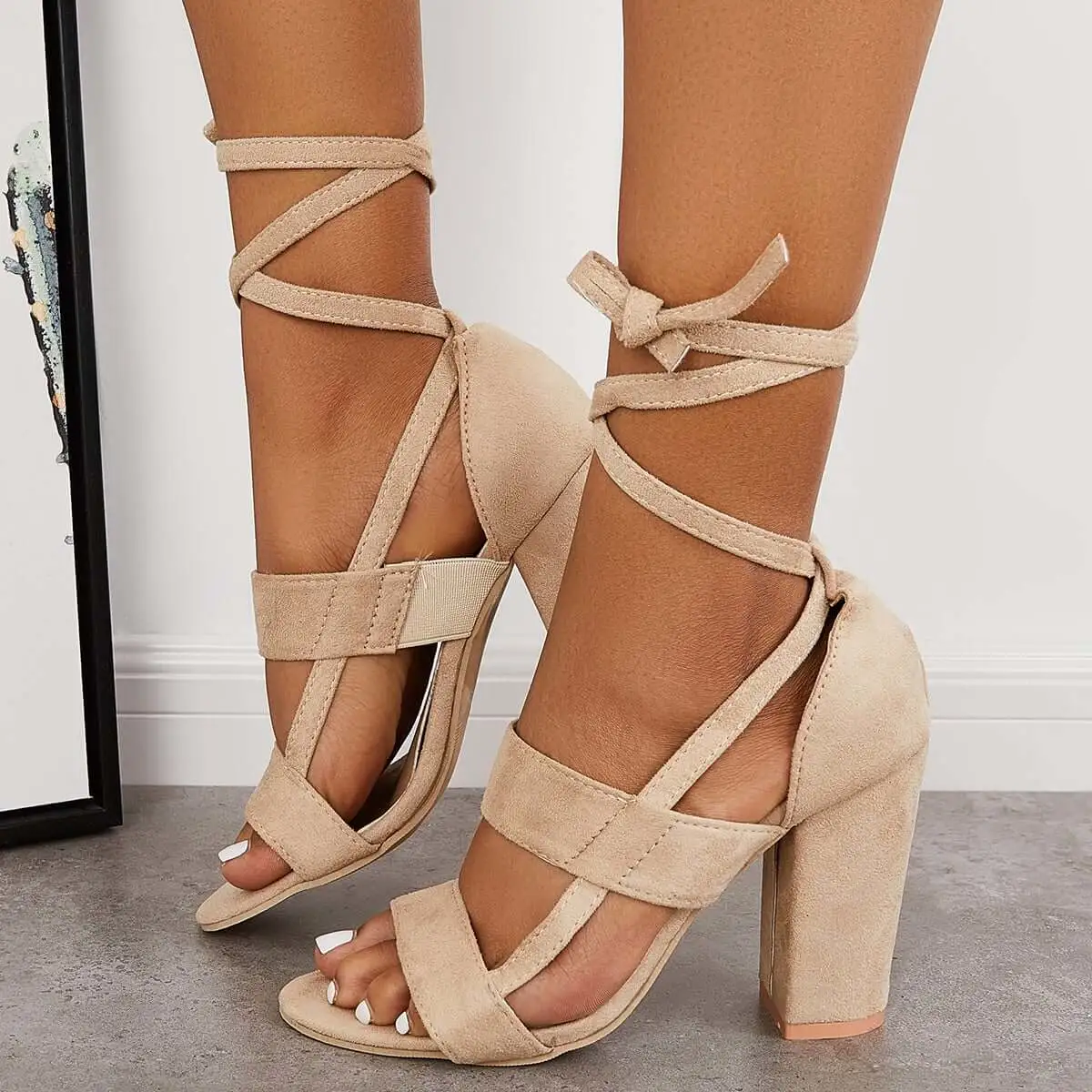 Lace Up Chunky Block High Heel Sandals Ankle Strap Dress Heels