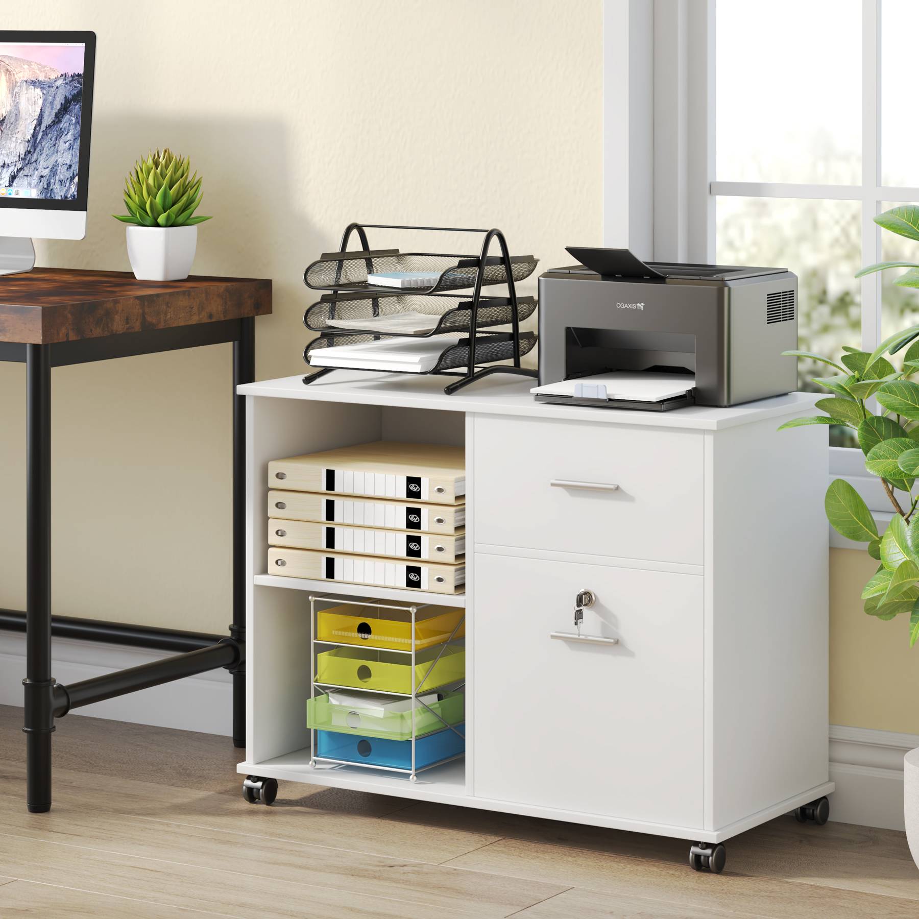 File Cabinet, 2 Drawer Mobile Printer Stand with Lock