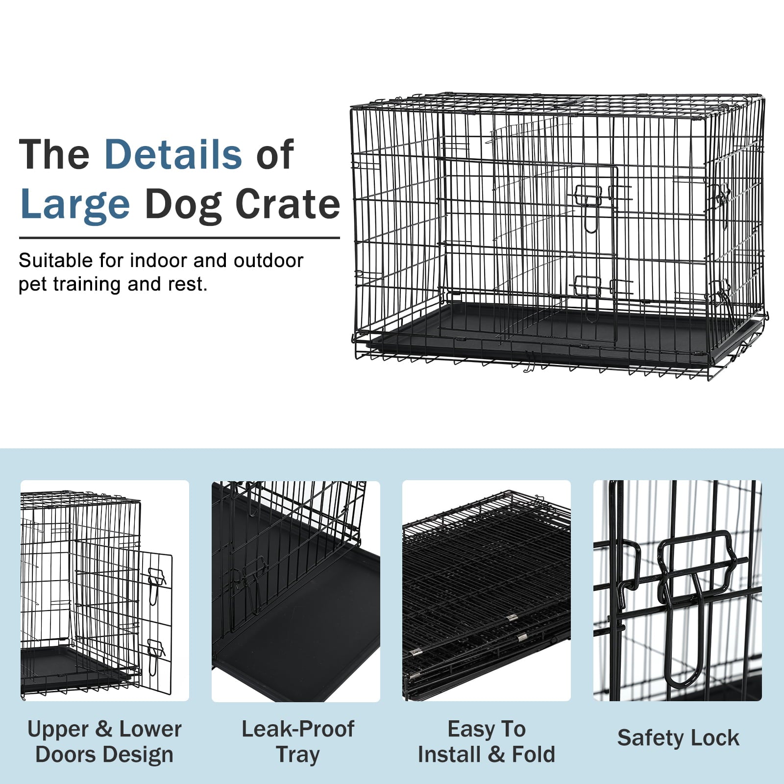 YRLLENSDAN 48 inch Foldable Large Dog Crate for Large Dogs， Metal Wire Dog Cage with Plastic Tray and Handle Double-Door Outdoor Dog Crates and Kennels for Medium dogs