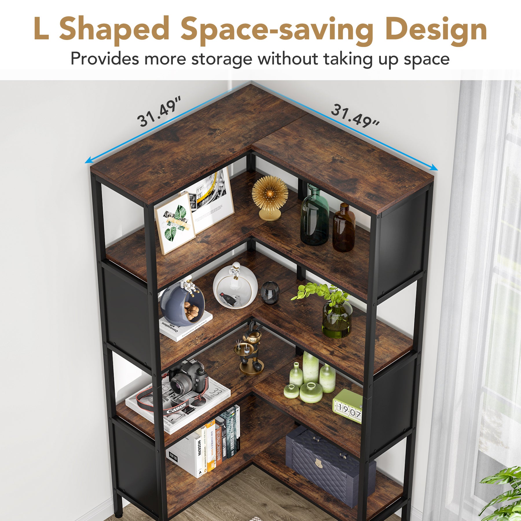 5-Tier Corner Bookshelf, Industrial L-Shaped Bookcase with Safety Baffles