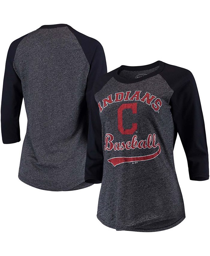 Women's Navy Cleveland Indians Team Baseball Three-Quarter Raglan Sleeve Tri-Blend T-shirt