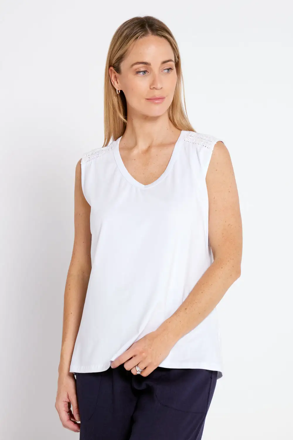 Jill Crochet Shoulder Cotton Cami - White