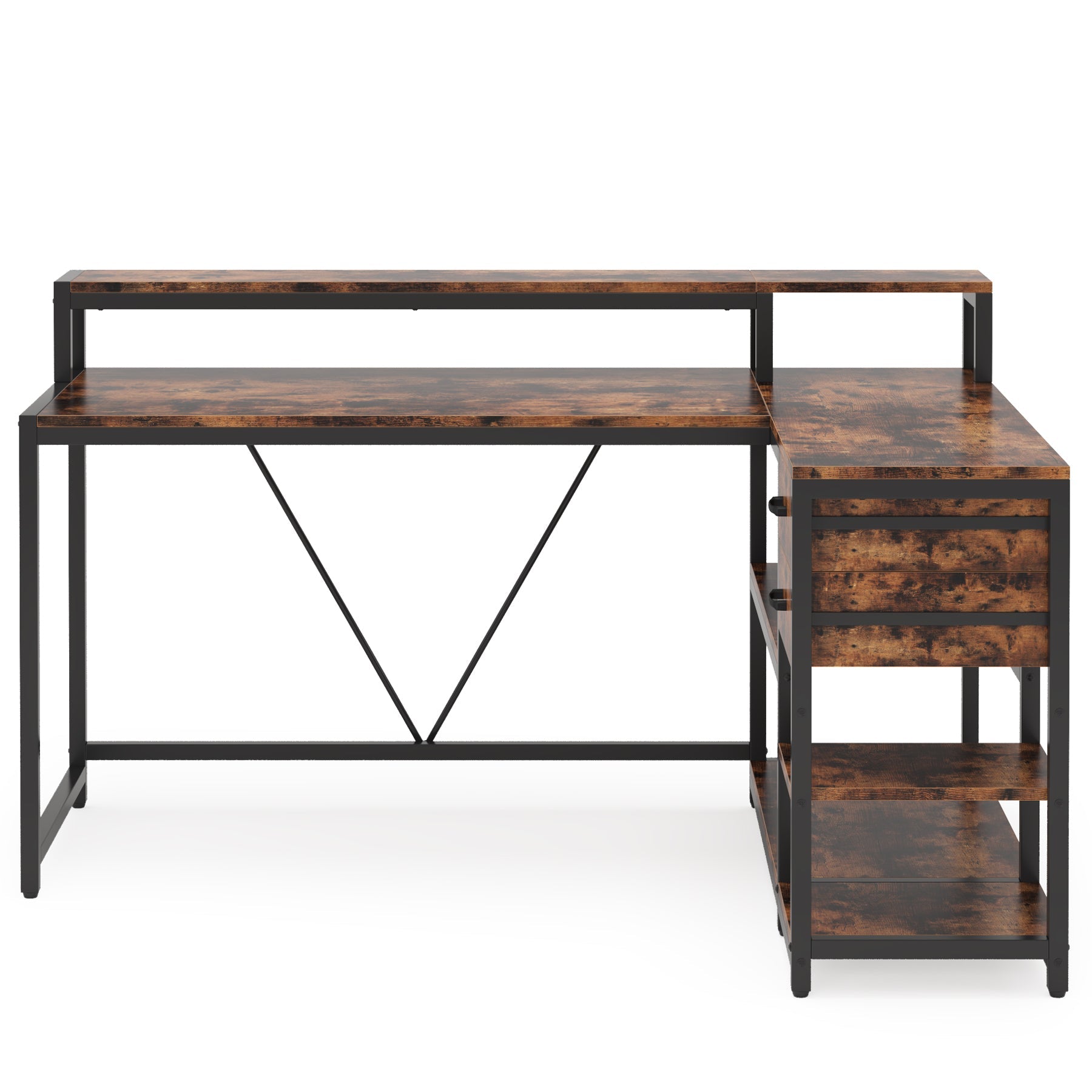 Reversible L-Shaped Desk, Industrial Corner Desk with Drawer & Shelves