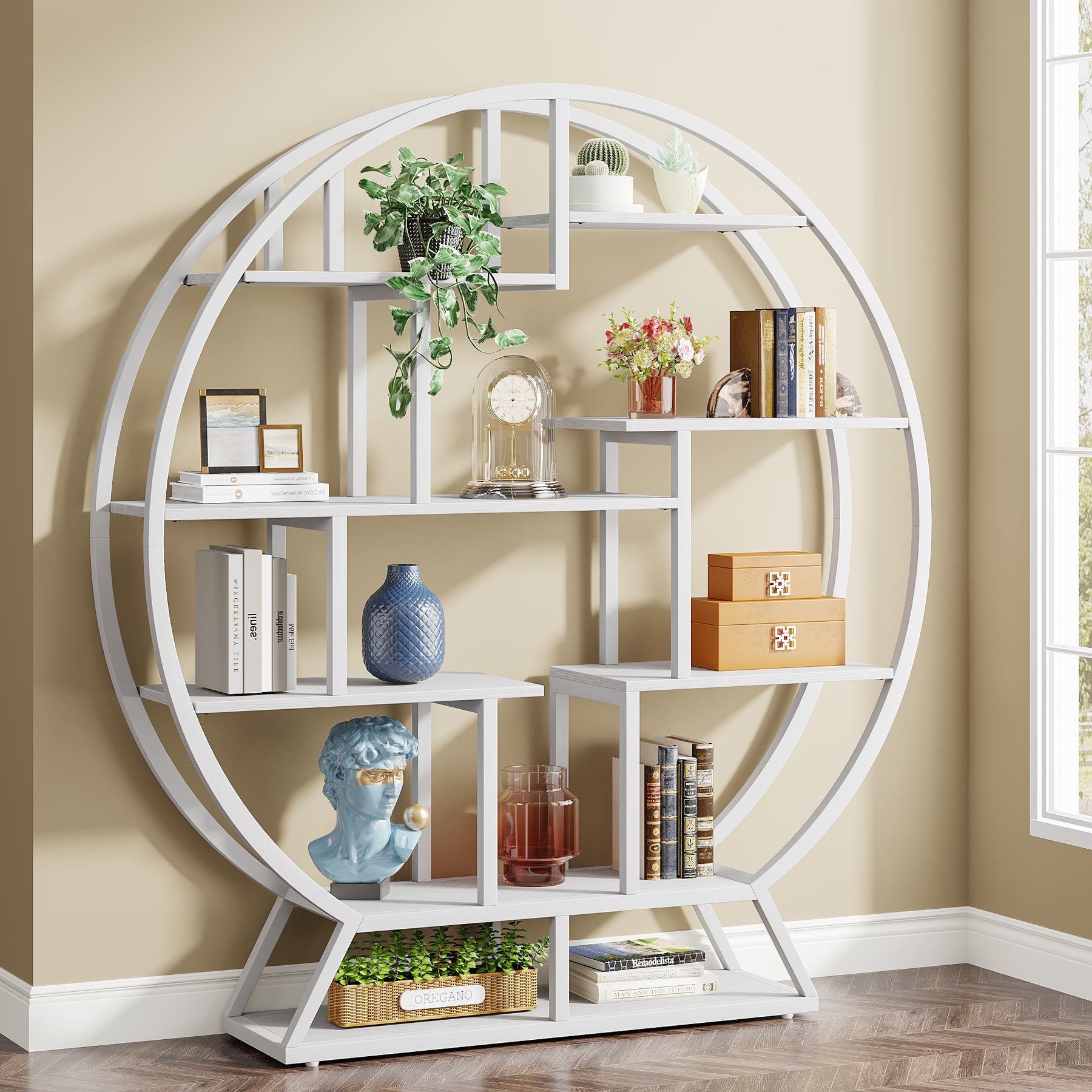 Round Bookshelf, 63 Inch Etagere Bookcase with Staggered Shelves