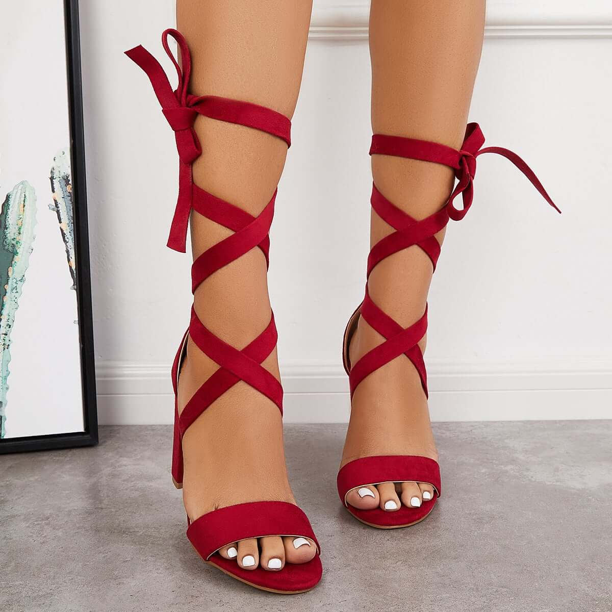 Lace Up High Heeled Sandals Chunky Block Ankle Tie Strap Heels