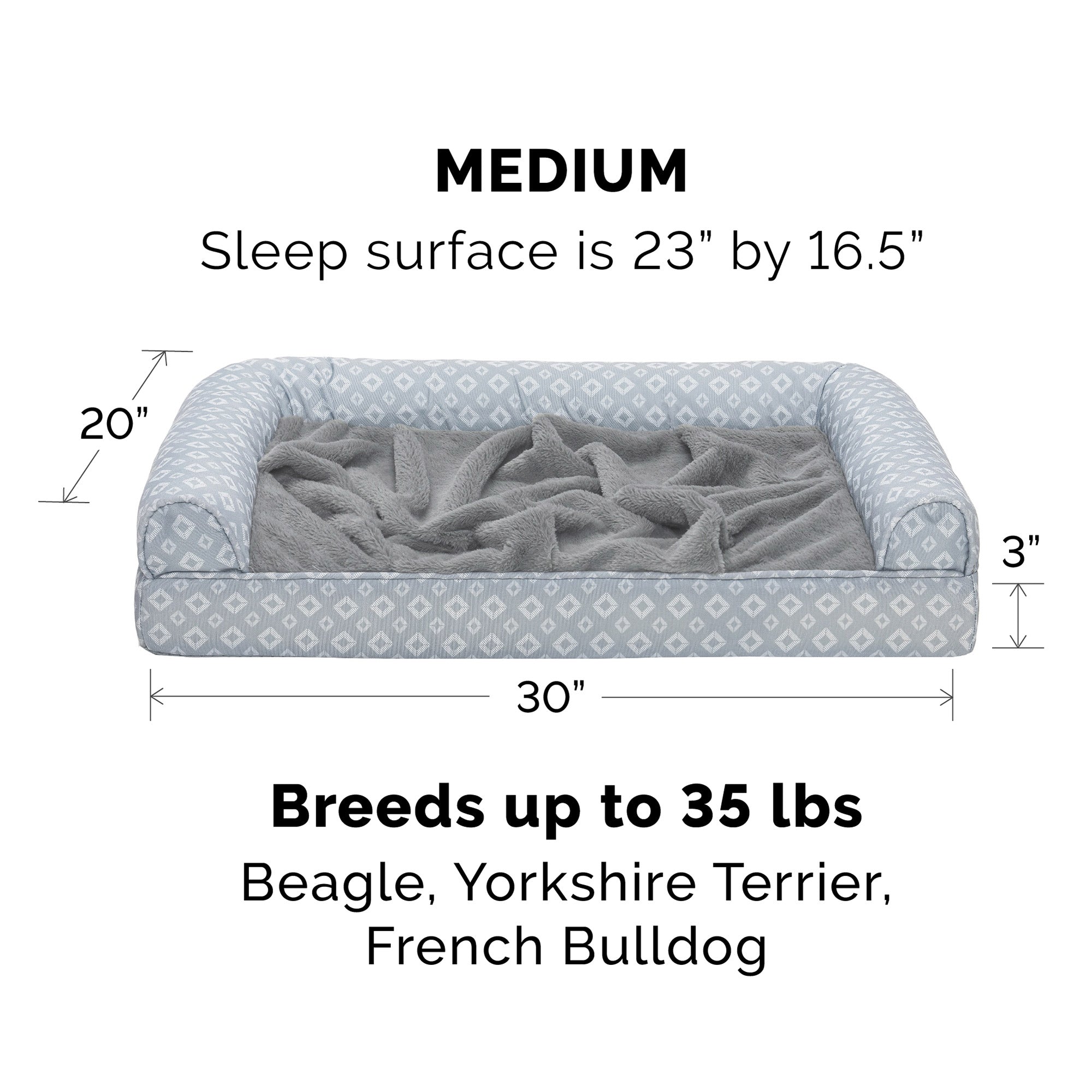 FurHaven Pet Product | Plush Fur and Diamond Print Nest-Top Full Support Orthopedic Foam Sofa Dog Bed - Gray， Medium
