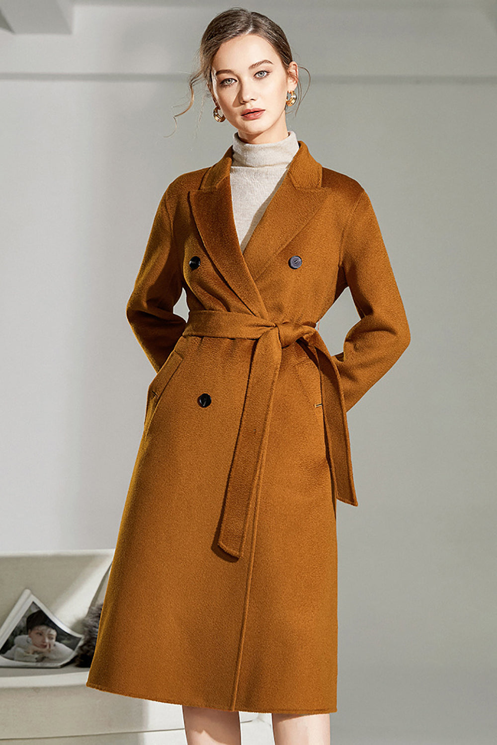 Camel Wool Double Breasted Notched Lapel Long Coat with Belt