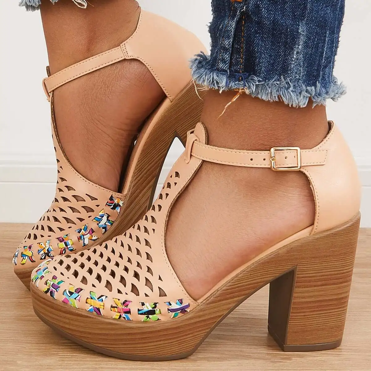 Platform Block Chunky High Heels Ankle T-Strap Cutout Sandals